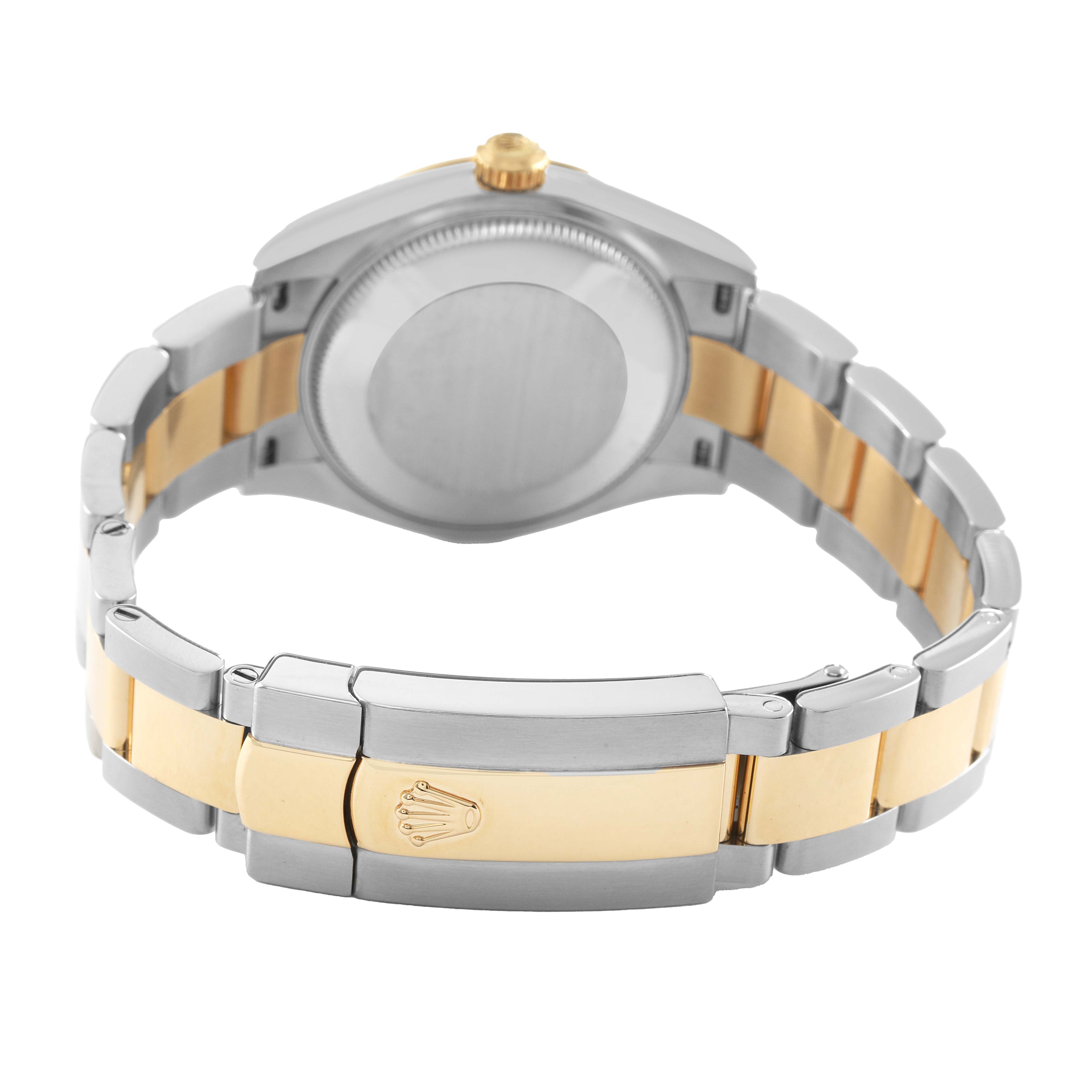 The image shows the back and clasp of a Mid-Size Rolex watch, highlighting its two-tone bracelet and emblem.