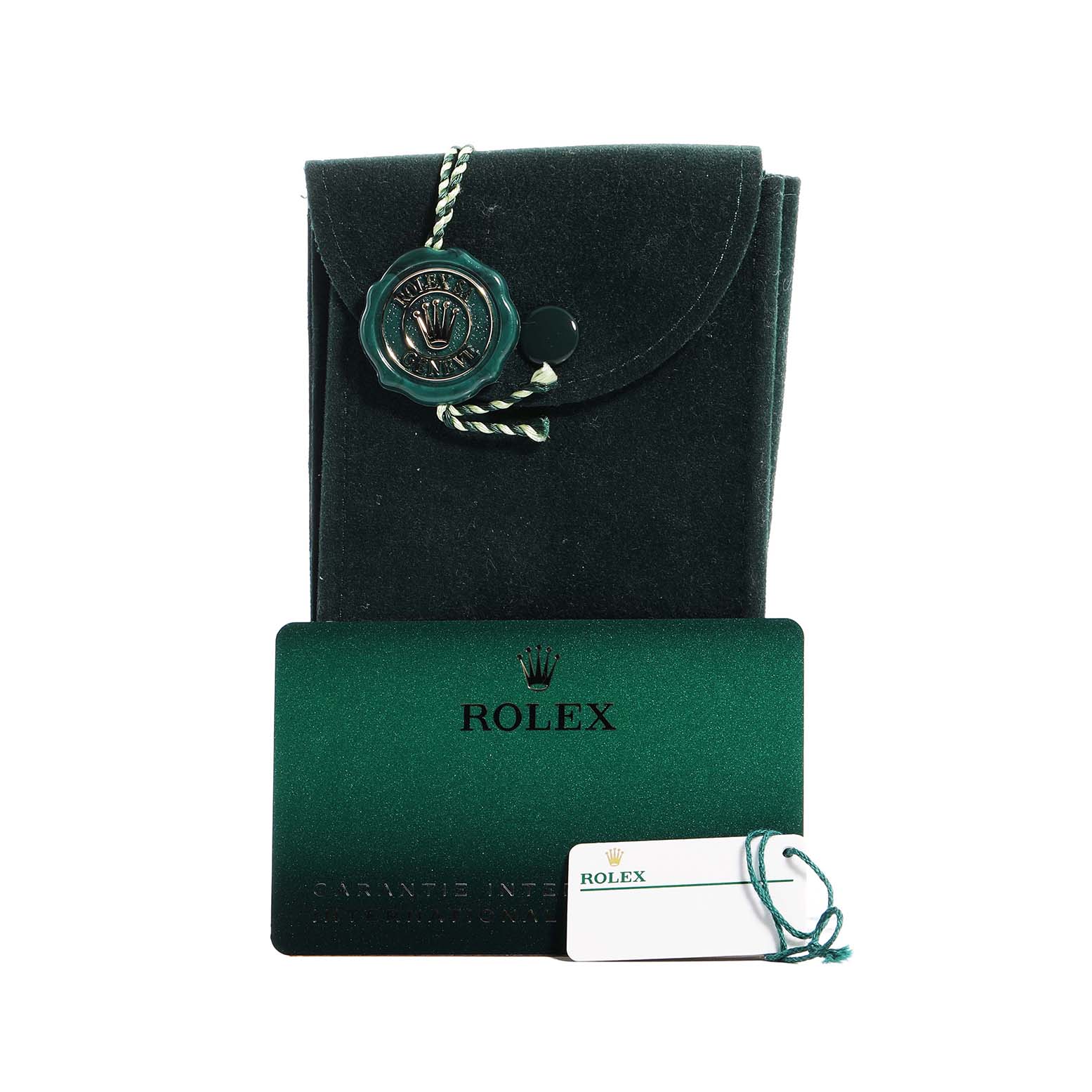 The image shows a green Rolex pouch and warranty card for a Mid-Size Rolex model, emphasizing the accessories.