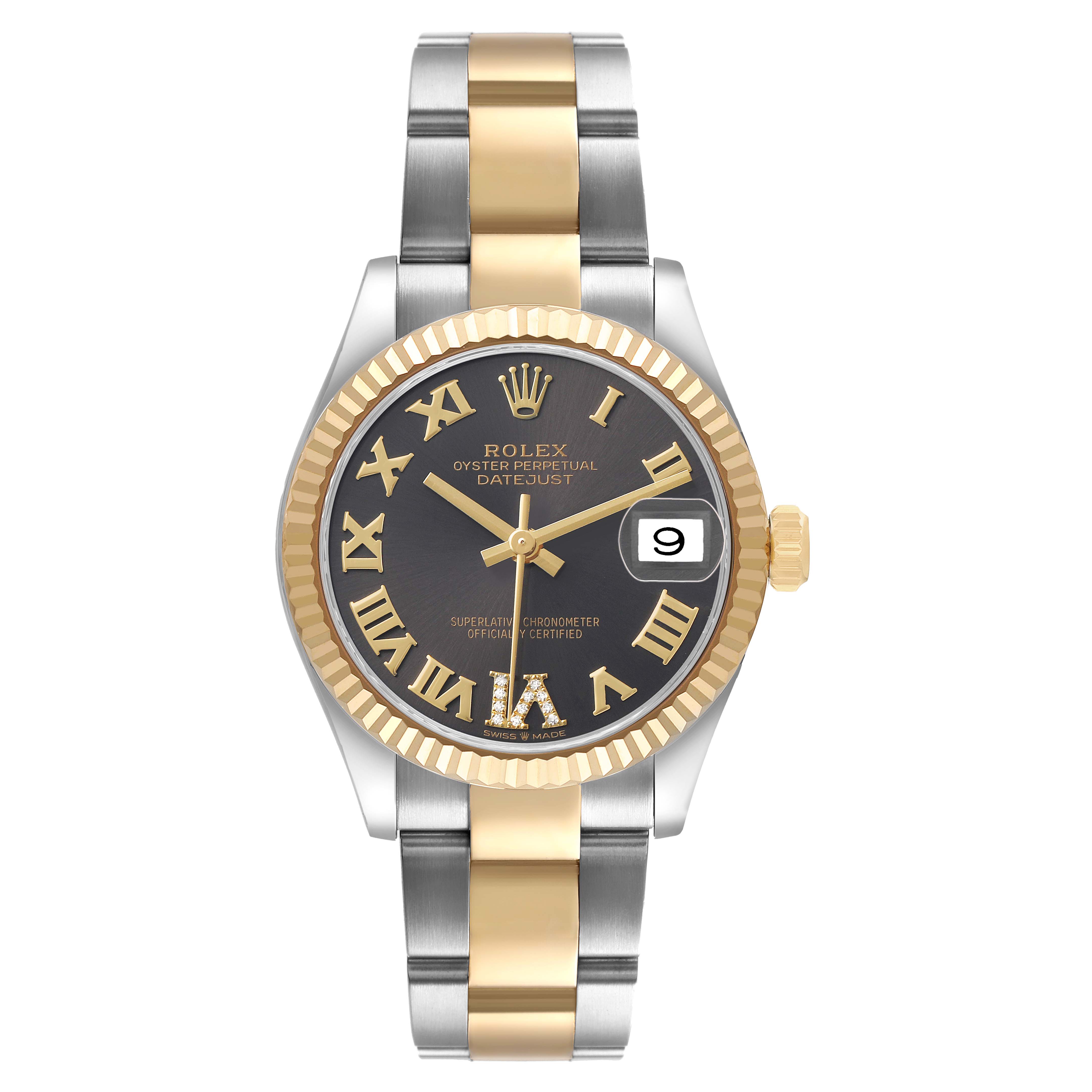 The Rolex Datejust Mid-Size model is shown from a front angle, highlighting its mixed metal bracelet, fluted bezel, and black dial.