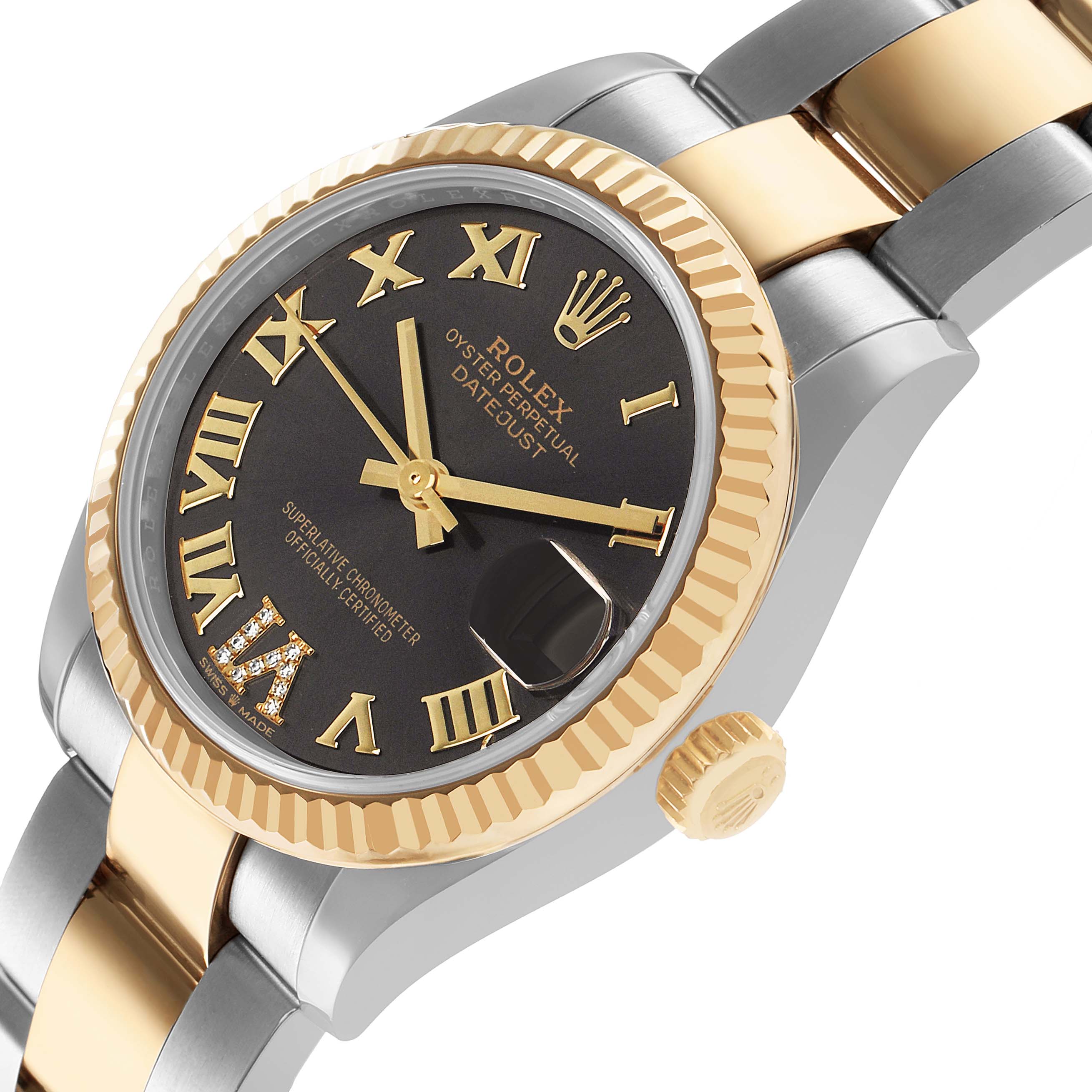 The Rolex Mid-Size 278273 Women's Steel and Gold (two tone) Grey Dial model shows a close-up at an angle highlighting the dial, bezel, and part of the bracelet.