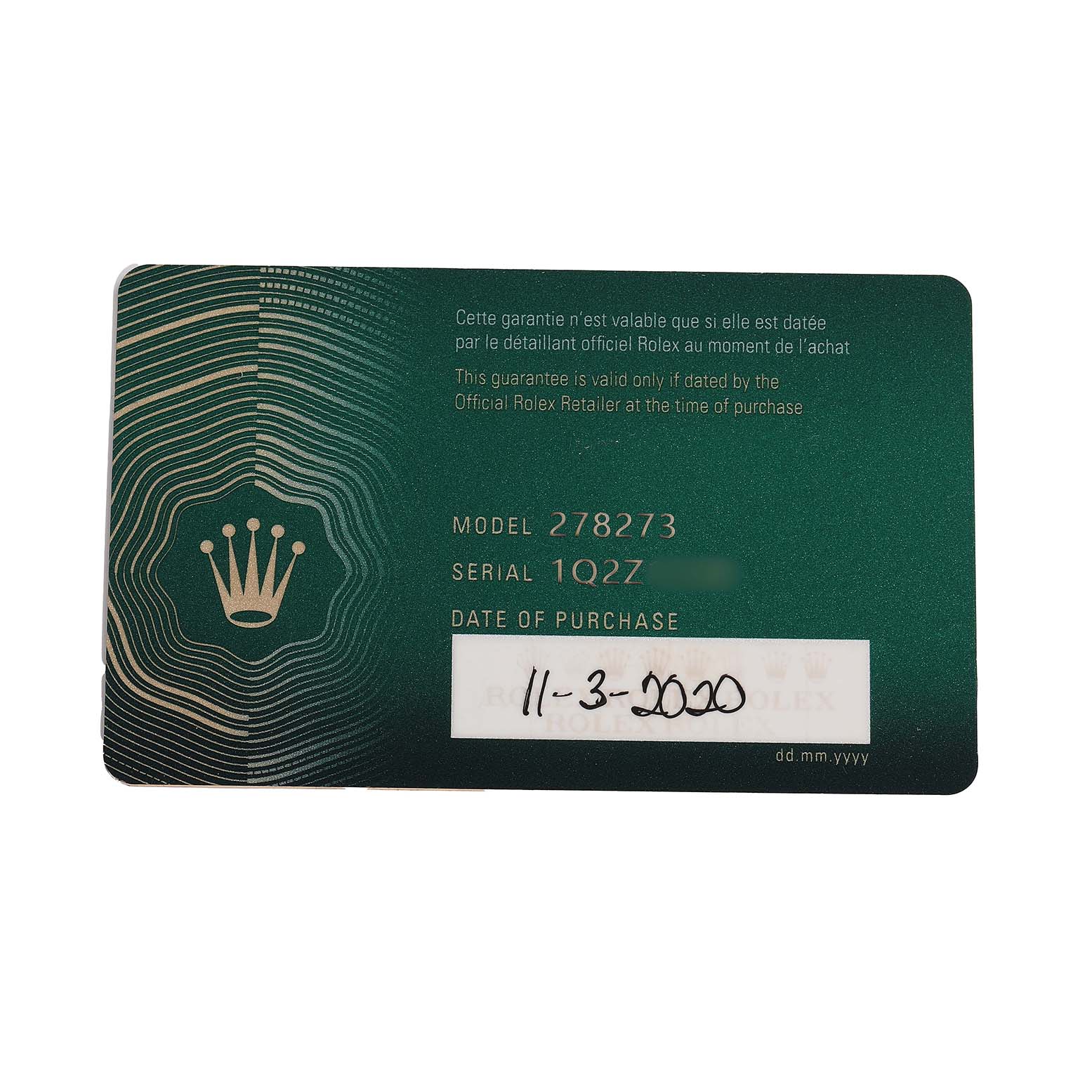 The image shows a warranty card for a Rolex Mid-Size 278273 Women's Steel and Gold (two tone) Grey Dial model 278273.