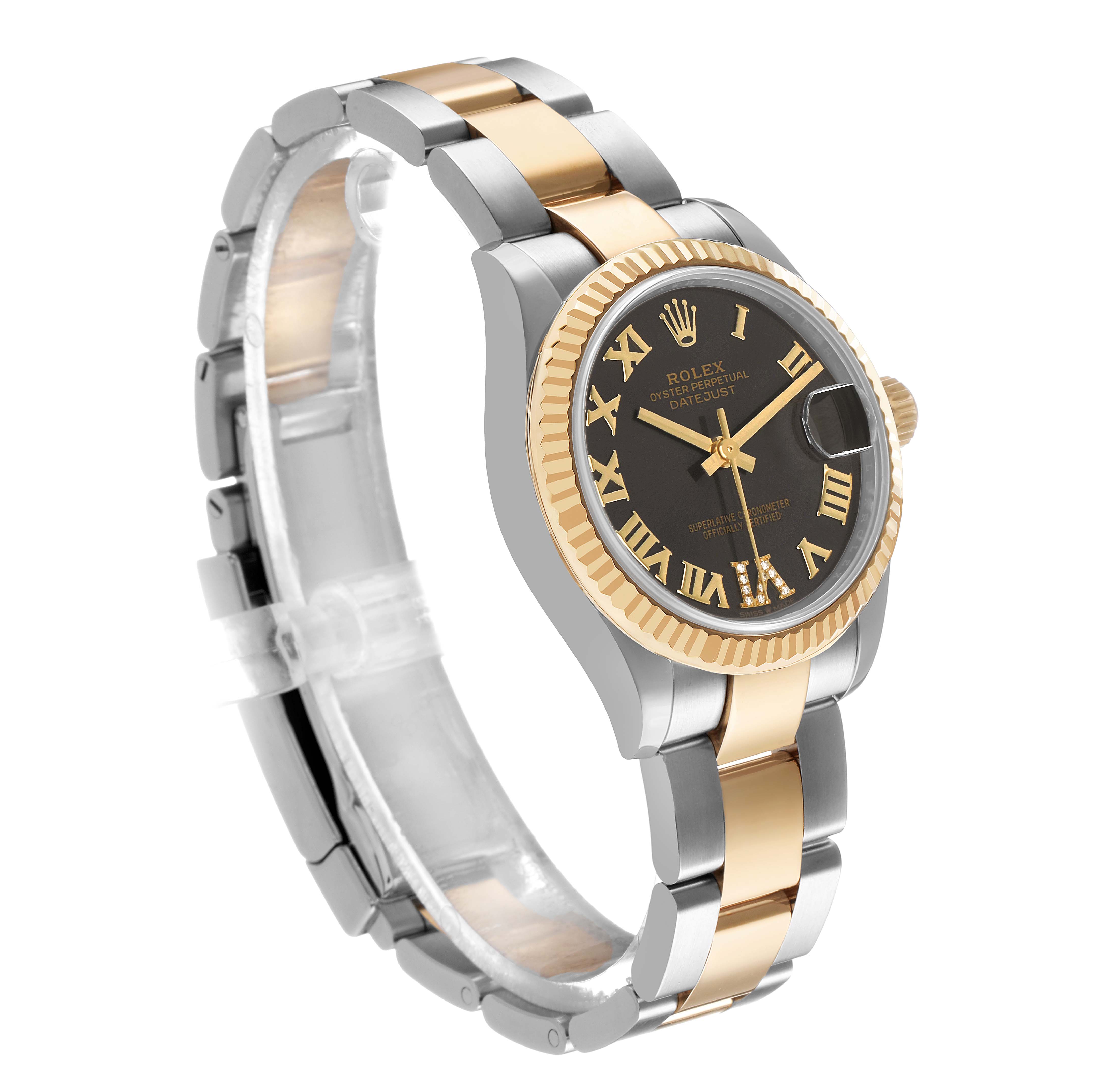 The Rolex Mid-Size 278273 Women's Steel and Gold (two tone) Grey Dial watch is shown at a three-quarter angle, displaying the face, bezel, bracelet, and crown details.