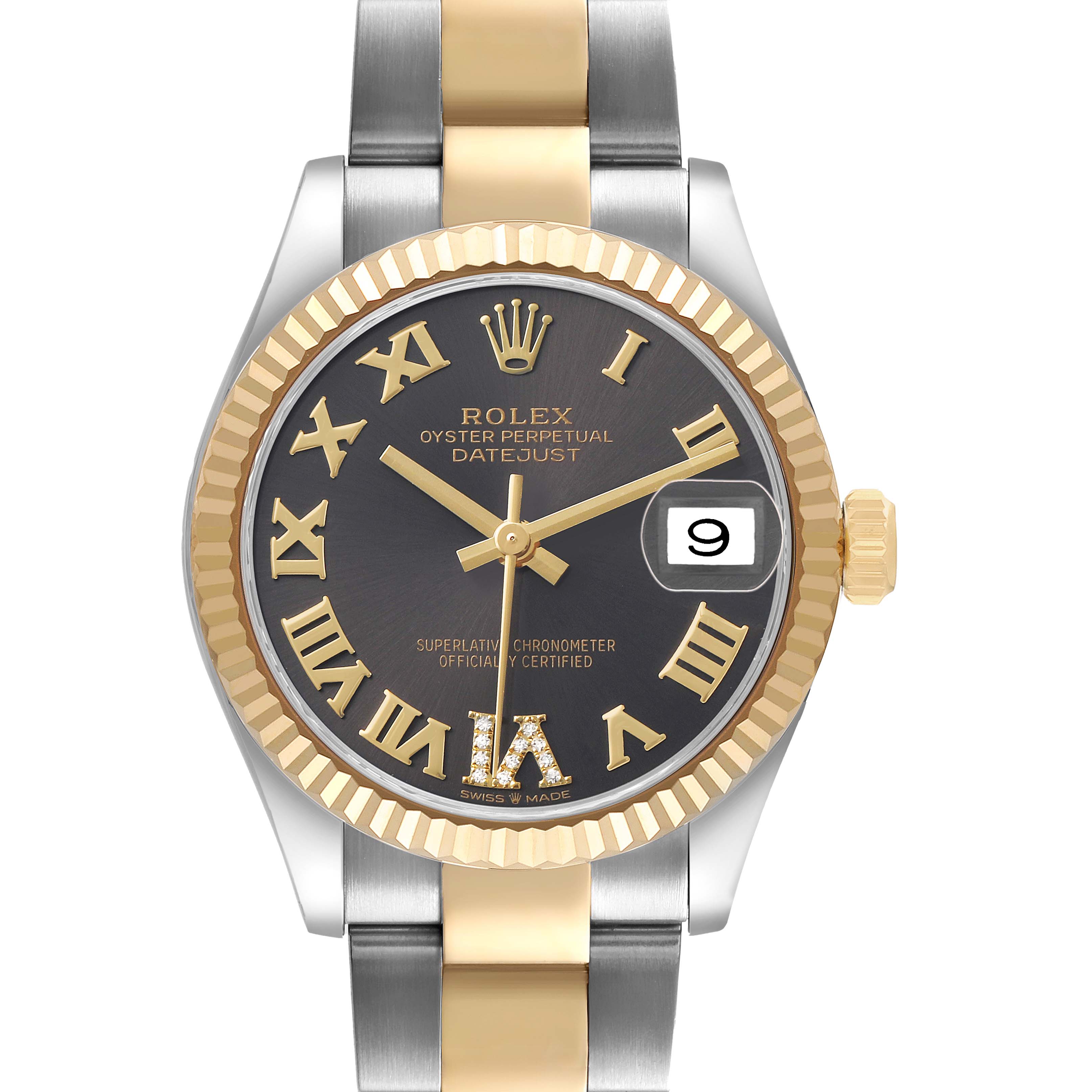 The Rolex Datejust Mid-Size is shown from the front, displaying the face, bezel, and part of the bracelet.