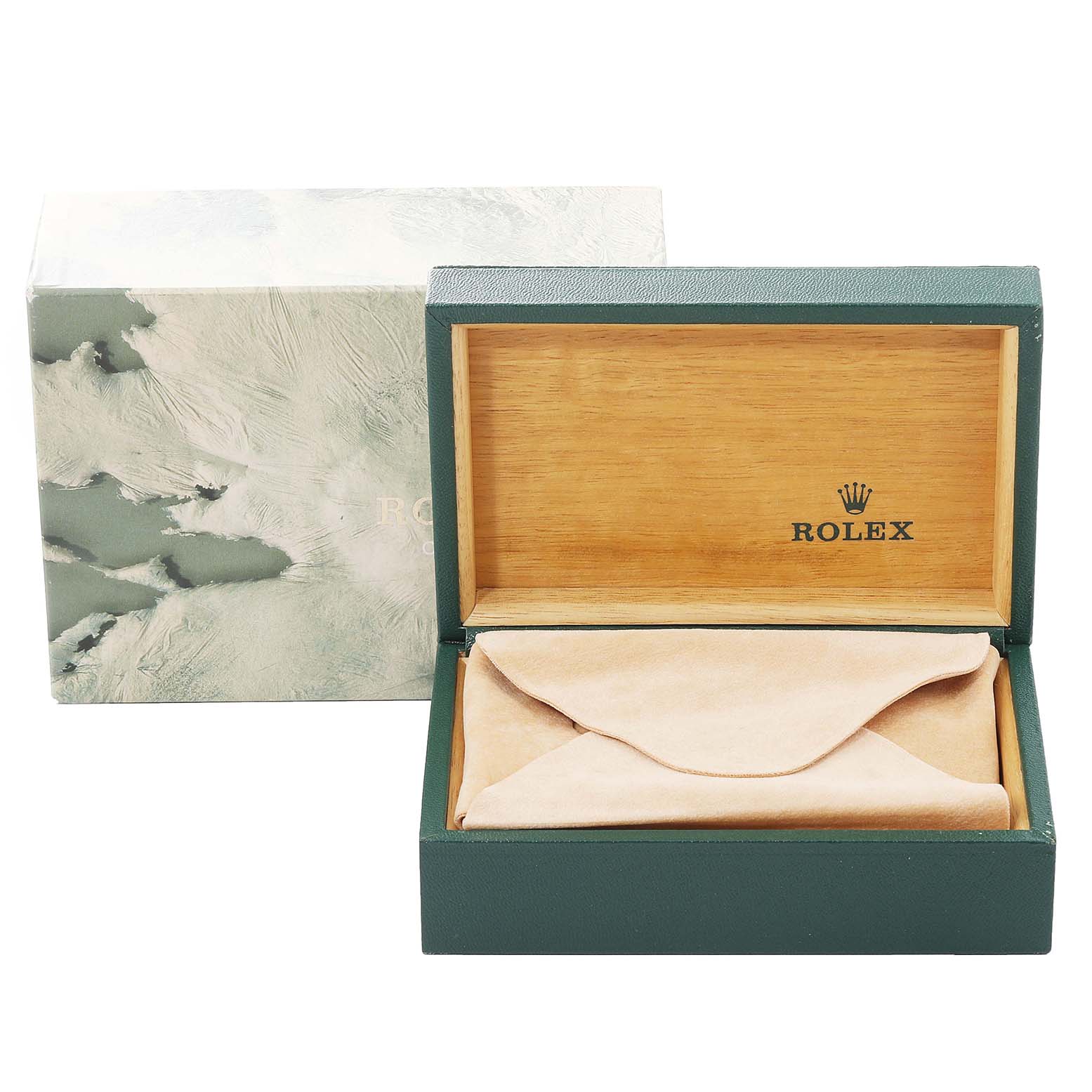 The image shows a green and wooden Rolex box with a lid open, revealing a beige watch pouch for a mid-size Rolex model.