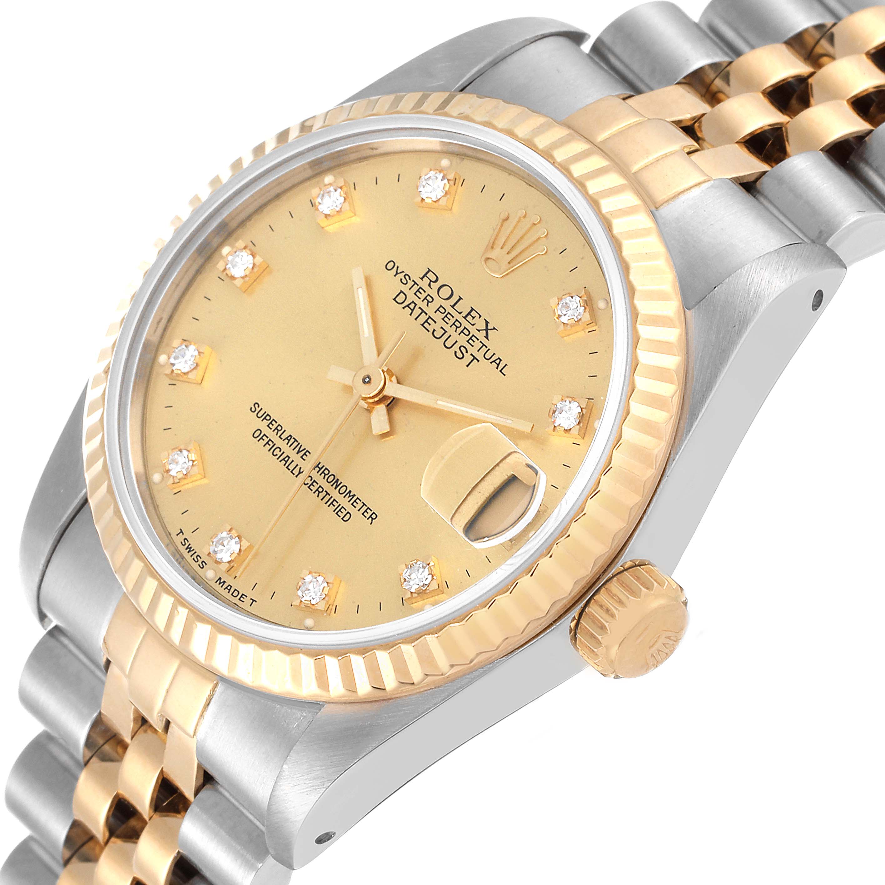 This image shows a Rolex Mid-Size 68273 Women
s Steel and Gold (two tone) Champagne Dial 68273 Women
s Steel and Gold (two tone) Champagne Dial Datejust watch from an angled view, highlighting the gold dial, bezel, crown, and two-tone bracelet.