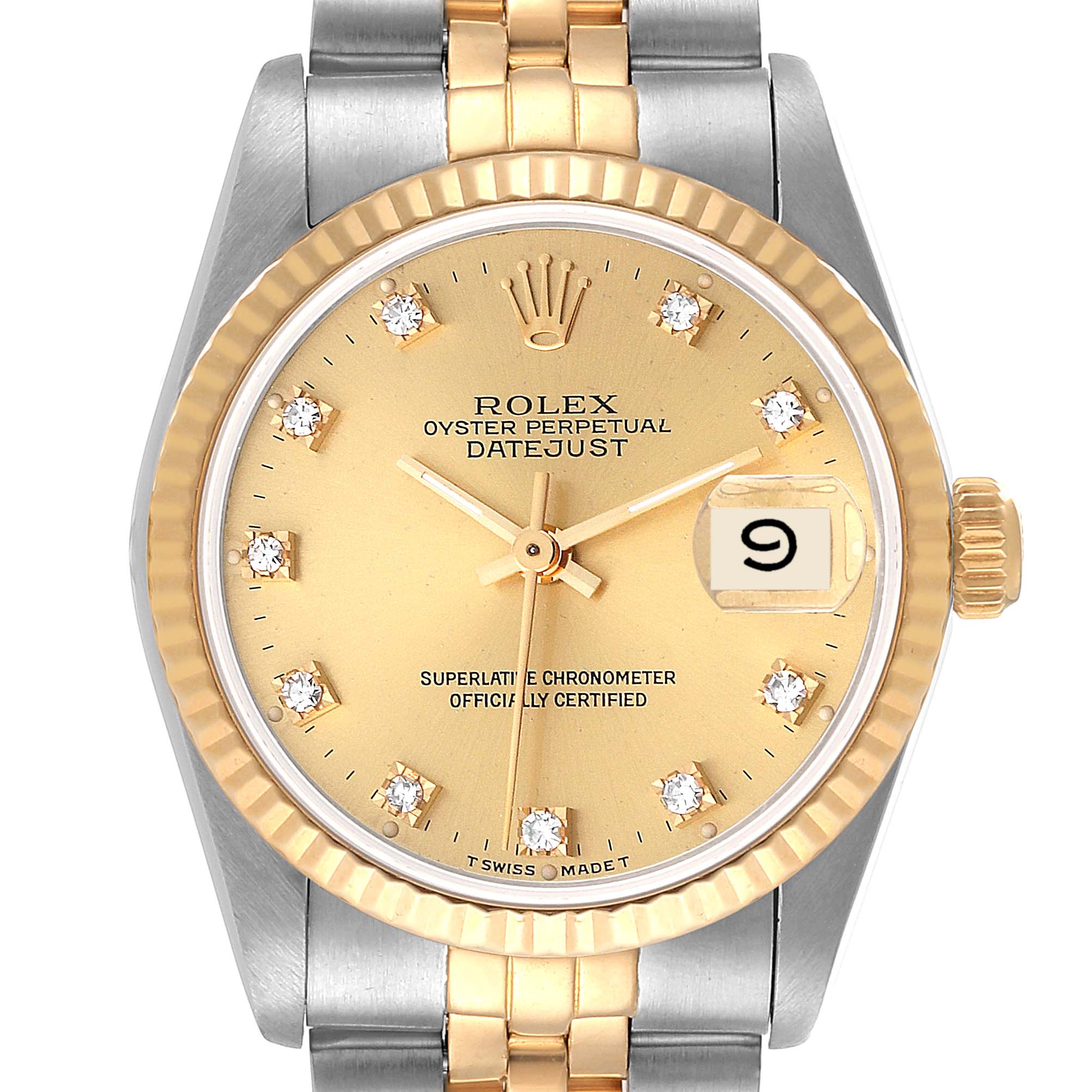 This Rolex Mid-Size 68273 Women
s Steel and Gold (two tone) Champagne Dial 68273 Women
s Steel and Gold (two tone) Champagne Dial Datejust is shown from a front angle, featuring the face, hands, bezel, crown, and part of the bracelet.