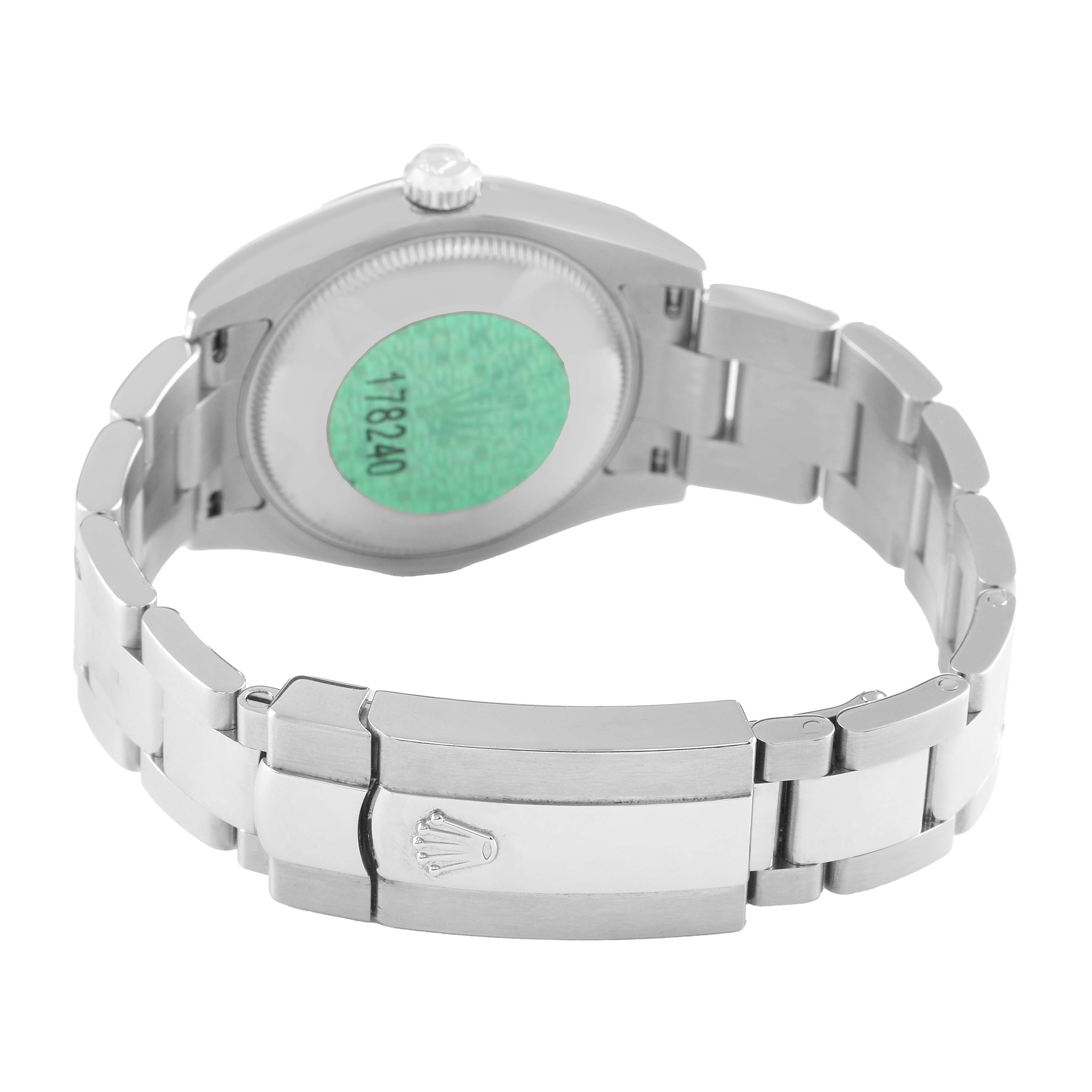 The Rolex Datejust 178240 Women's Stainless Steel White Dial watch is shown from the back, highlighting the bracelet, clasp, and case back.