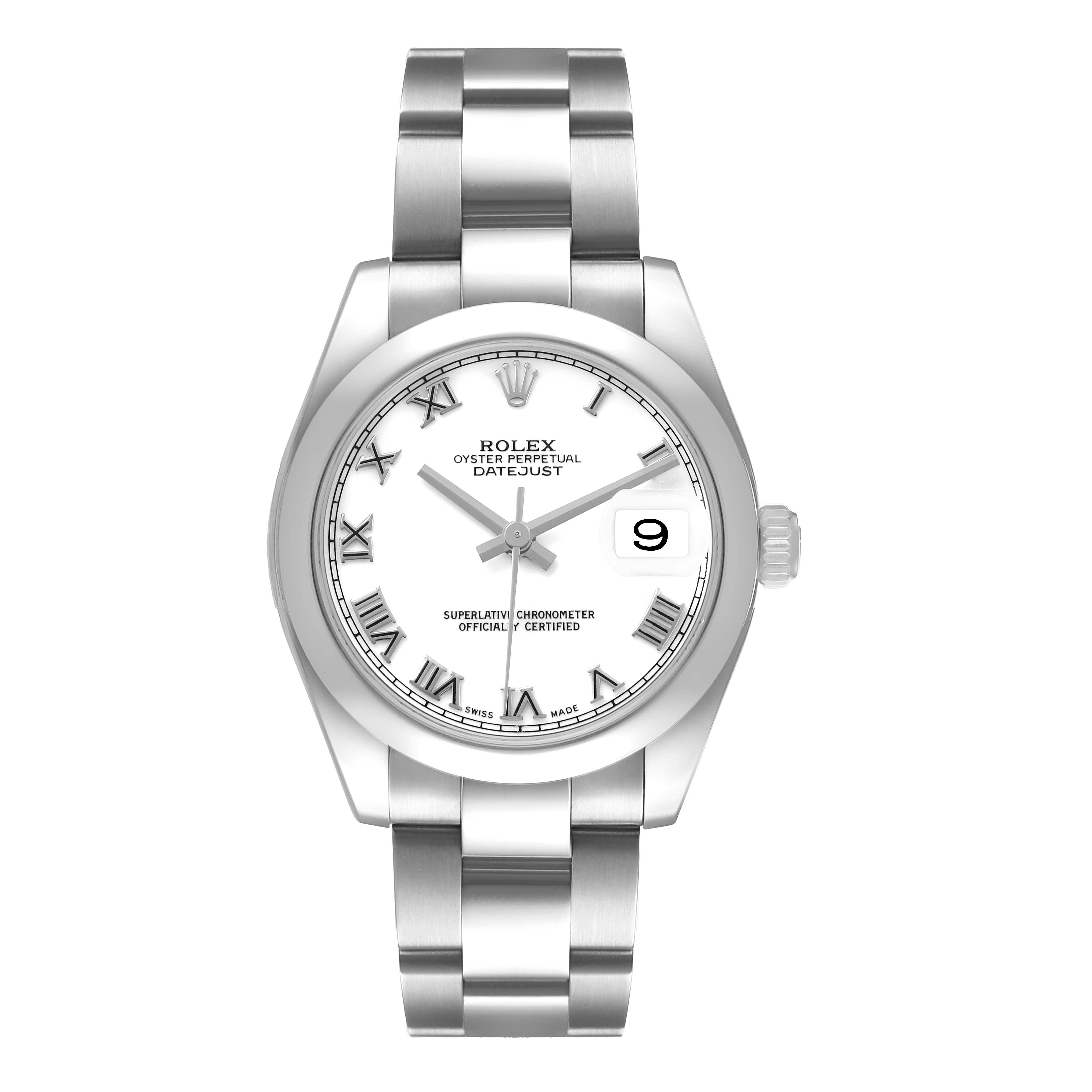 The image shows a front view of the Rolex Datejust 178240 Women's Stainless Steel White Dial watch, displaying its dial, bezel, and bracelet.