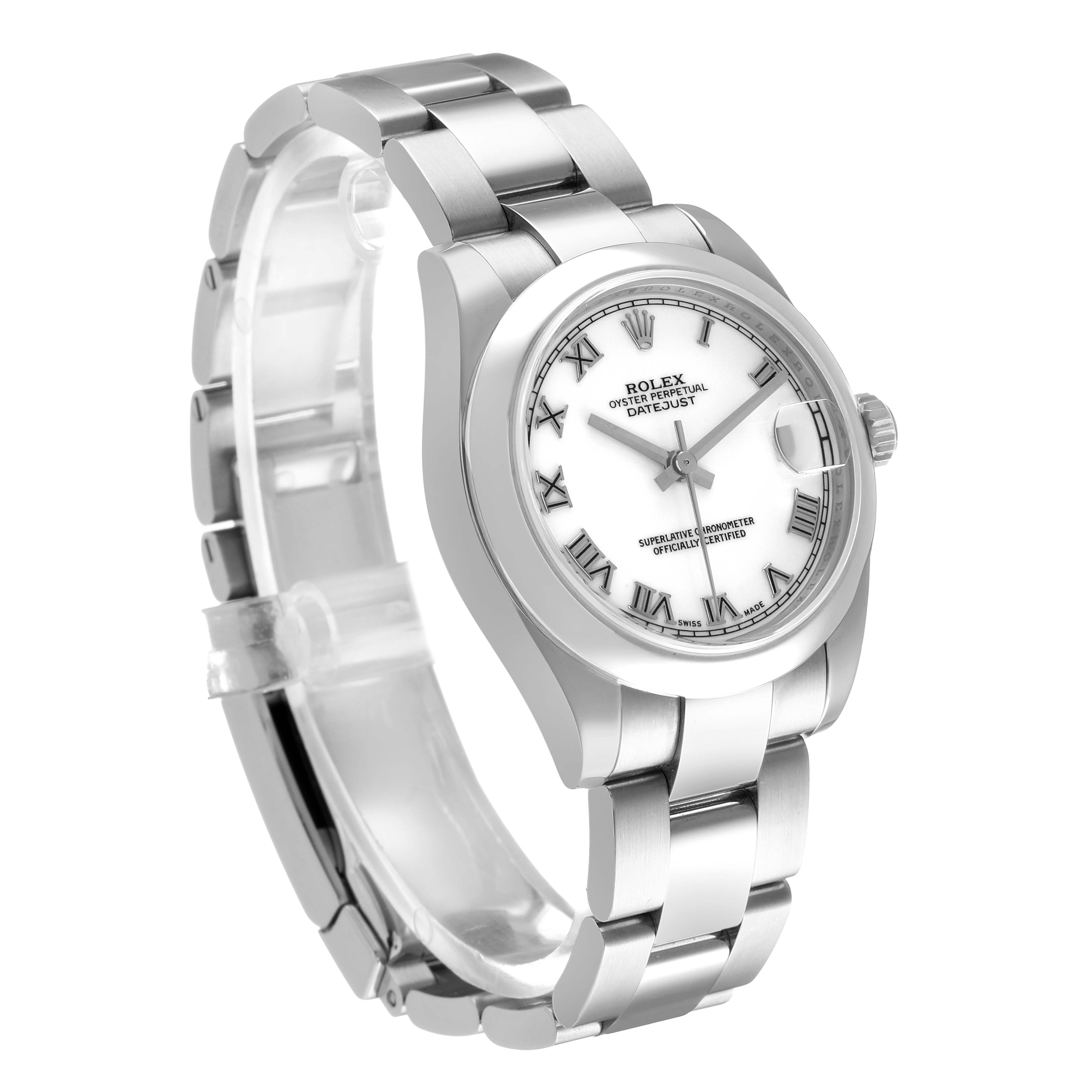 The Rolex Datejust 178240 Women's Stainless Steel White Dial watch is shown from a front angle, displaying its dial, bezel, and bracelet.