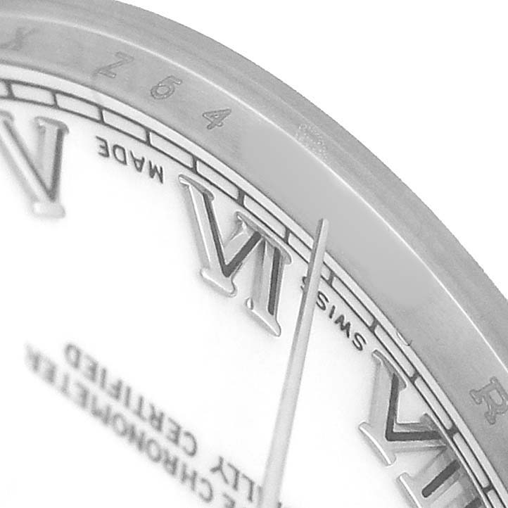 The image shows a close-up of the dial and bezel edge of a Rolex Datejust 178240 Women's Stainless Steel White Dial watch, focusing on the Roman numerals and "Swiss Made" text.