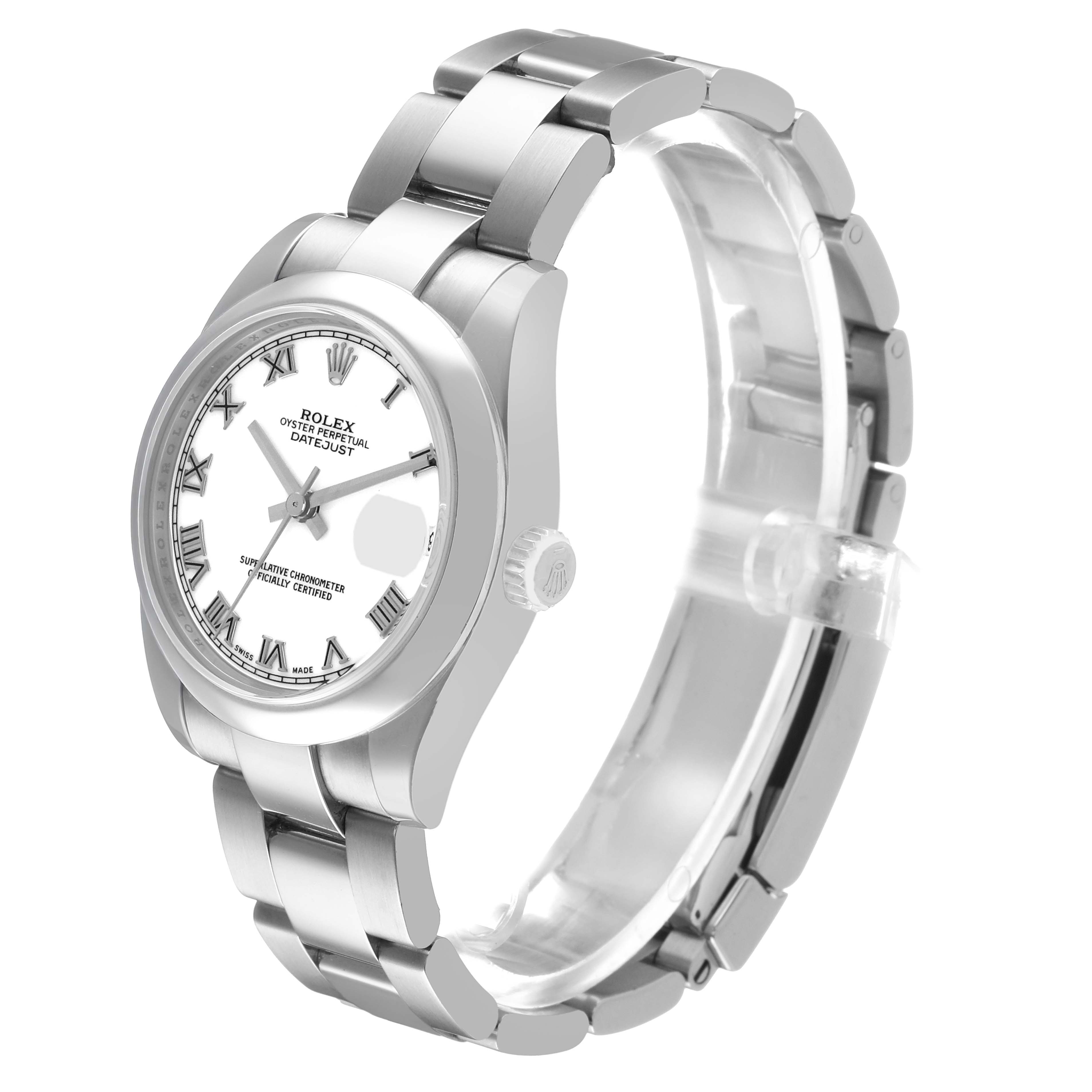 The Rolex Datejust 178240 Women's Stainless Steel White Dial watch is shown in a side angle, displaying the dial, case, and bracelet.