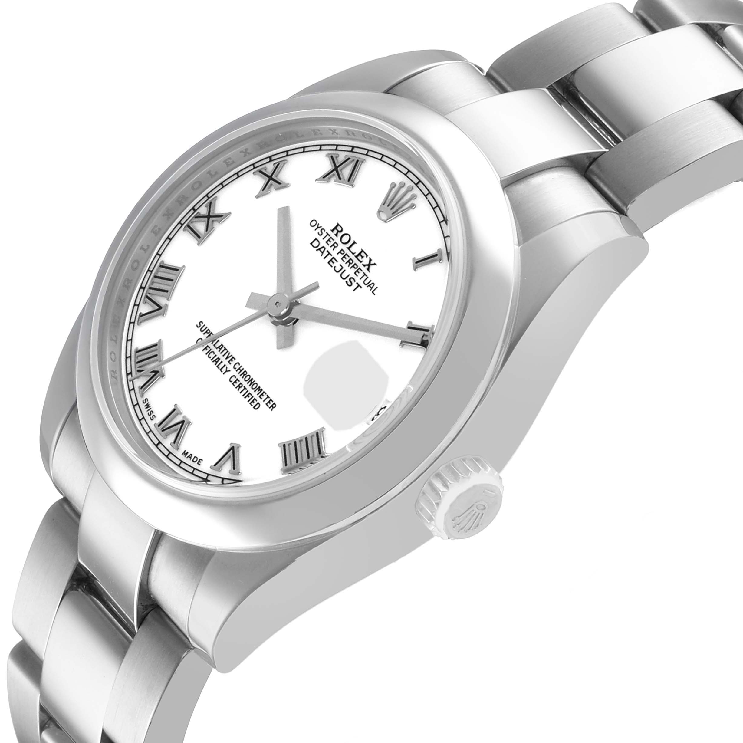 The image shows the Rolex Datejust 178240 Women's Stainless Steel White Dial watch at an angled side view, highlighting the case, bezel, crown, bracelet, and dial.