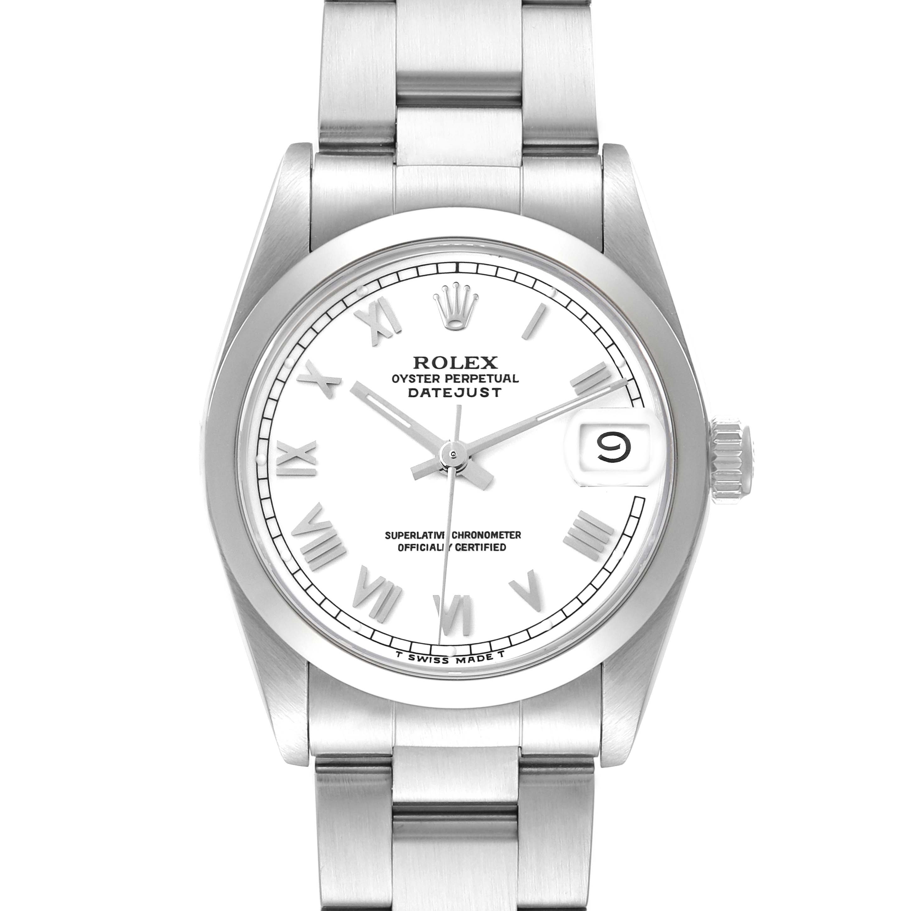 The Rolex Mid-Size 68240 Women
s Stainless Steel White Dial 68240 Women
s Stainless Steel White Dial watch is shown from a front view, highlighting the face, bezel, and part of the bracelet.