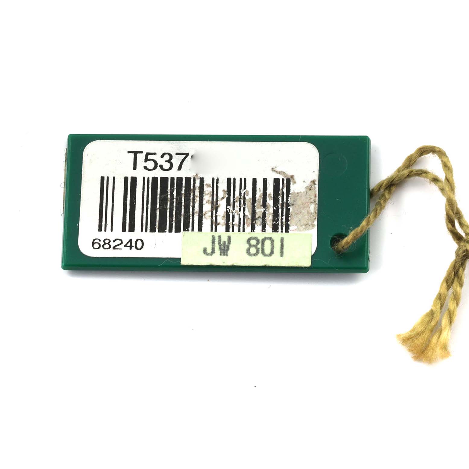 The image shows a green Rolex Mid-Size 68240 Women
s Stainless Steel White Dial 68240 Women
s Stainless Steel White Dial model tag with barcodes and a string attached.