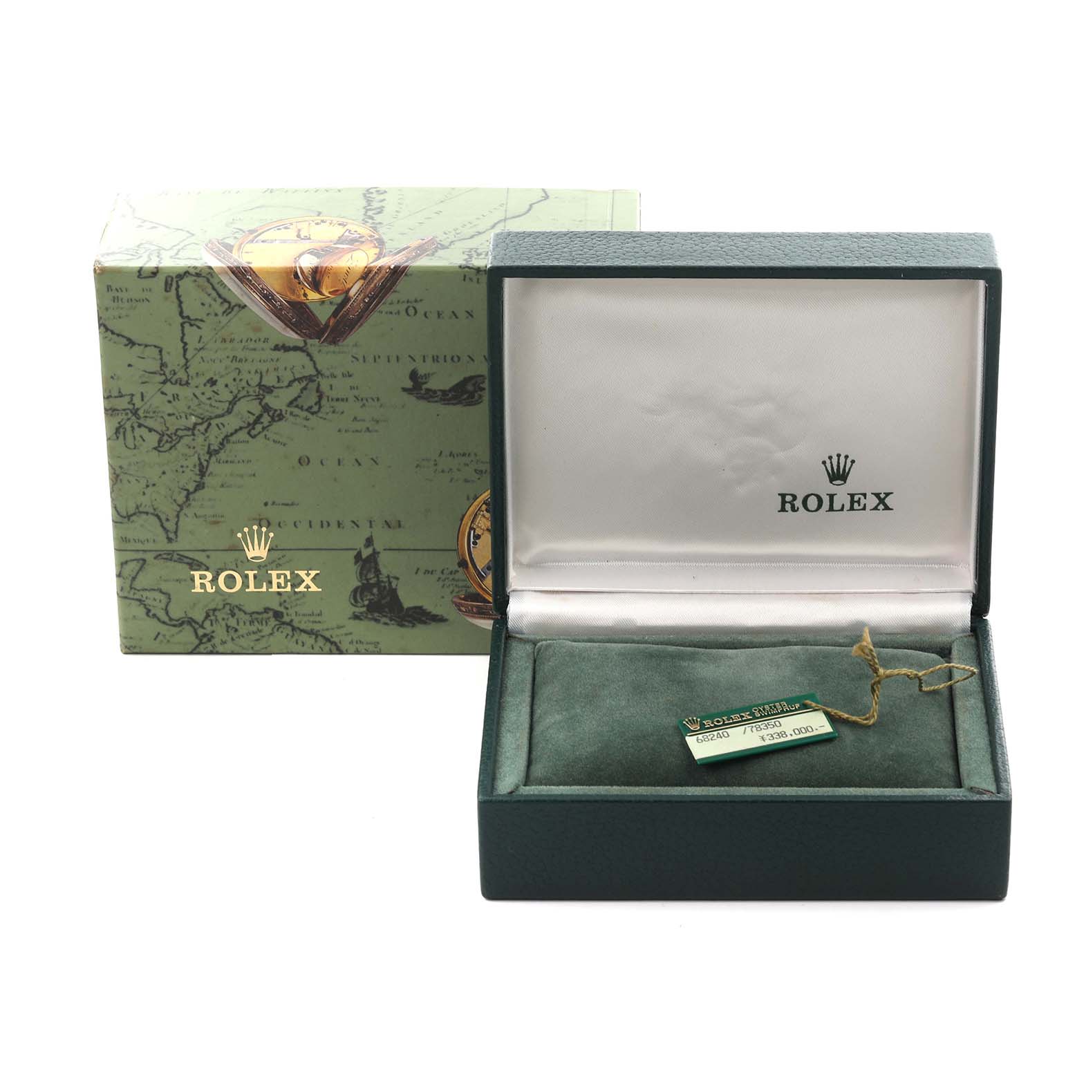 A Rolex Mid-Size 68240 Women
s Stainless Steel White Dial 68240 Women
s Stainless Steel White Dial model
s watch box and outer packaging are shown, with a tag inside the box.