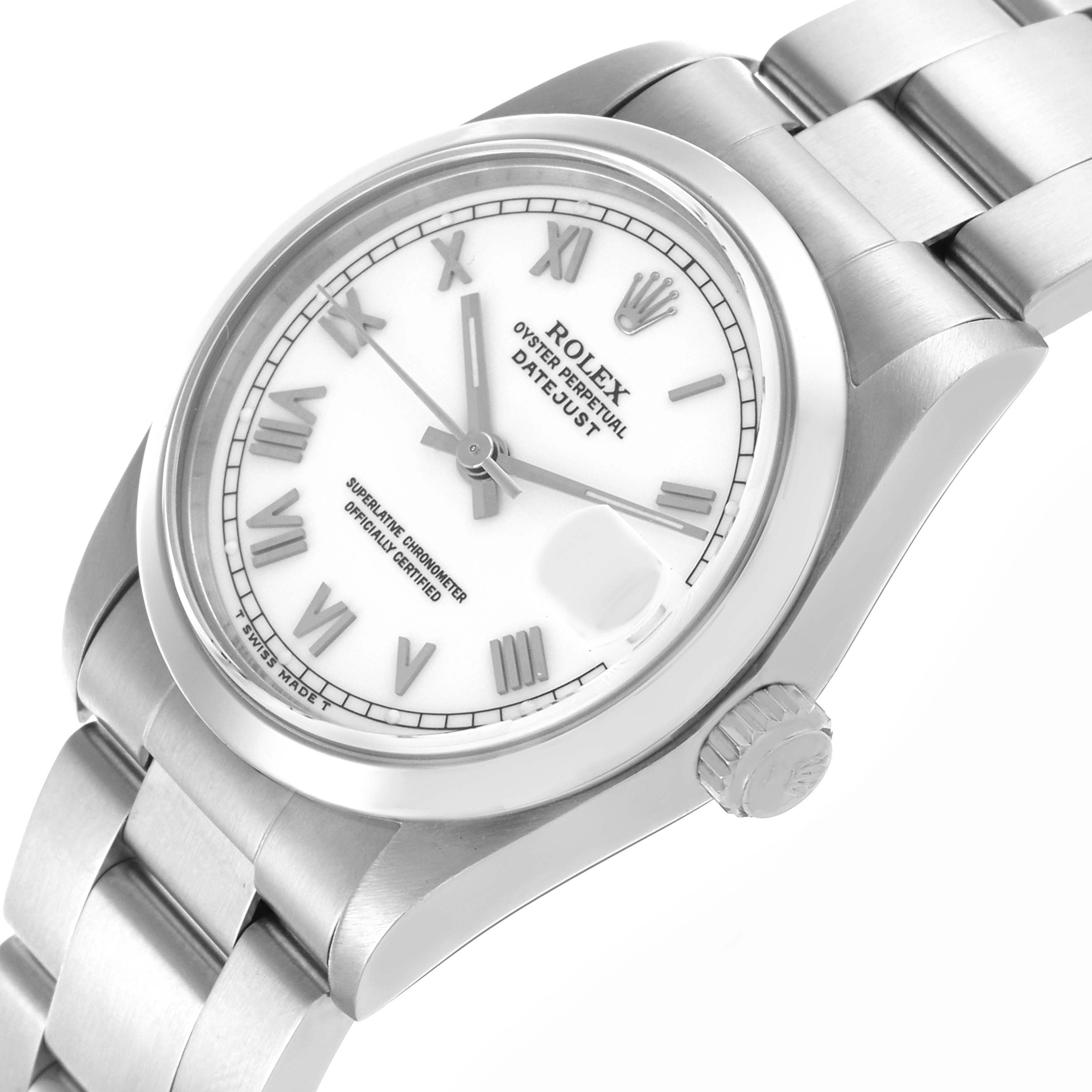 The Rolex Mid-Size 68240 Women
s Stainless Steel White Dial 68240 Women
s Stainless Steel White Dial watch is shown at a tilted angle, displaying the face, bezel, crown, and part of the bracelet.