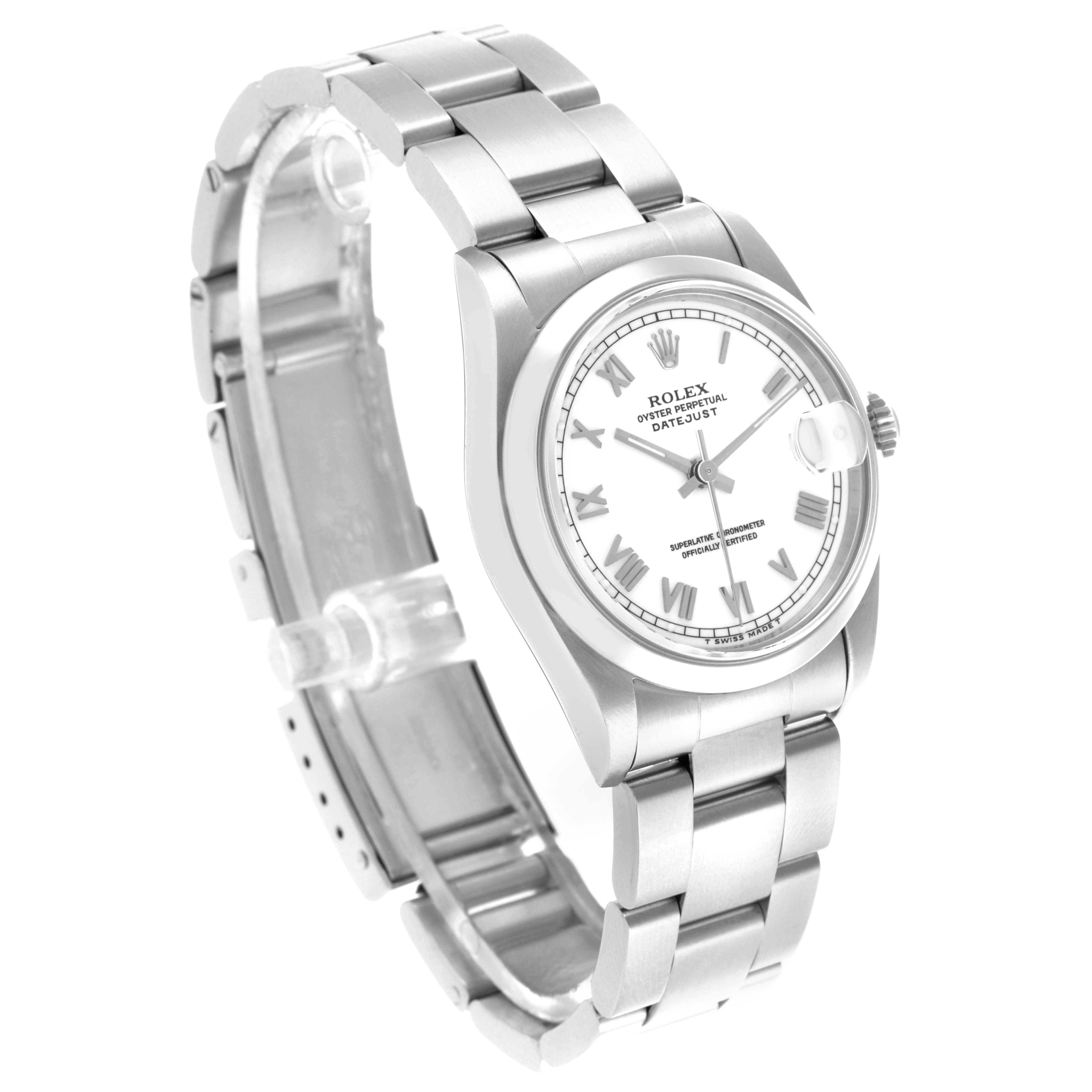 The Rolex Mid-Size 68240 Women
s Stainless Steel White Dial 68240 Women
s Stainless Steel White Dial watch is shown at a three-quarter angle, displaying the face, bezel, case, and bracelet.
