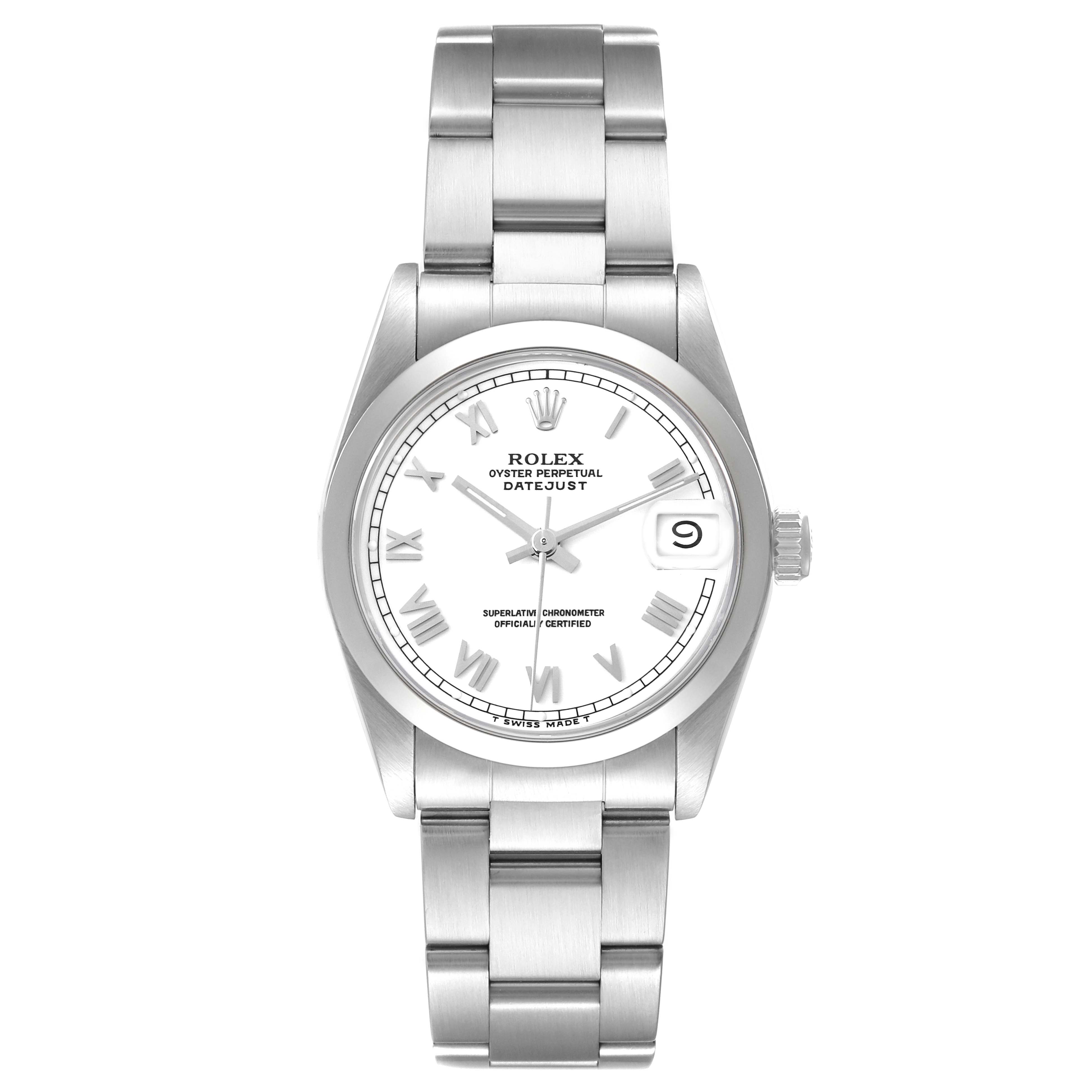 The Rolex Mid-Size 68240 Women
s Stainless Steel White Dial 68240 Women
s Stainless Steel White Dial watch is shown from a top-down angle, displaying the dial, bracelet, and crown.