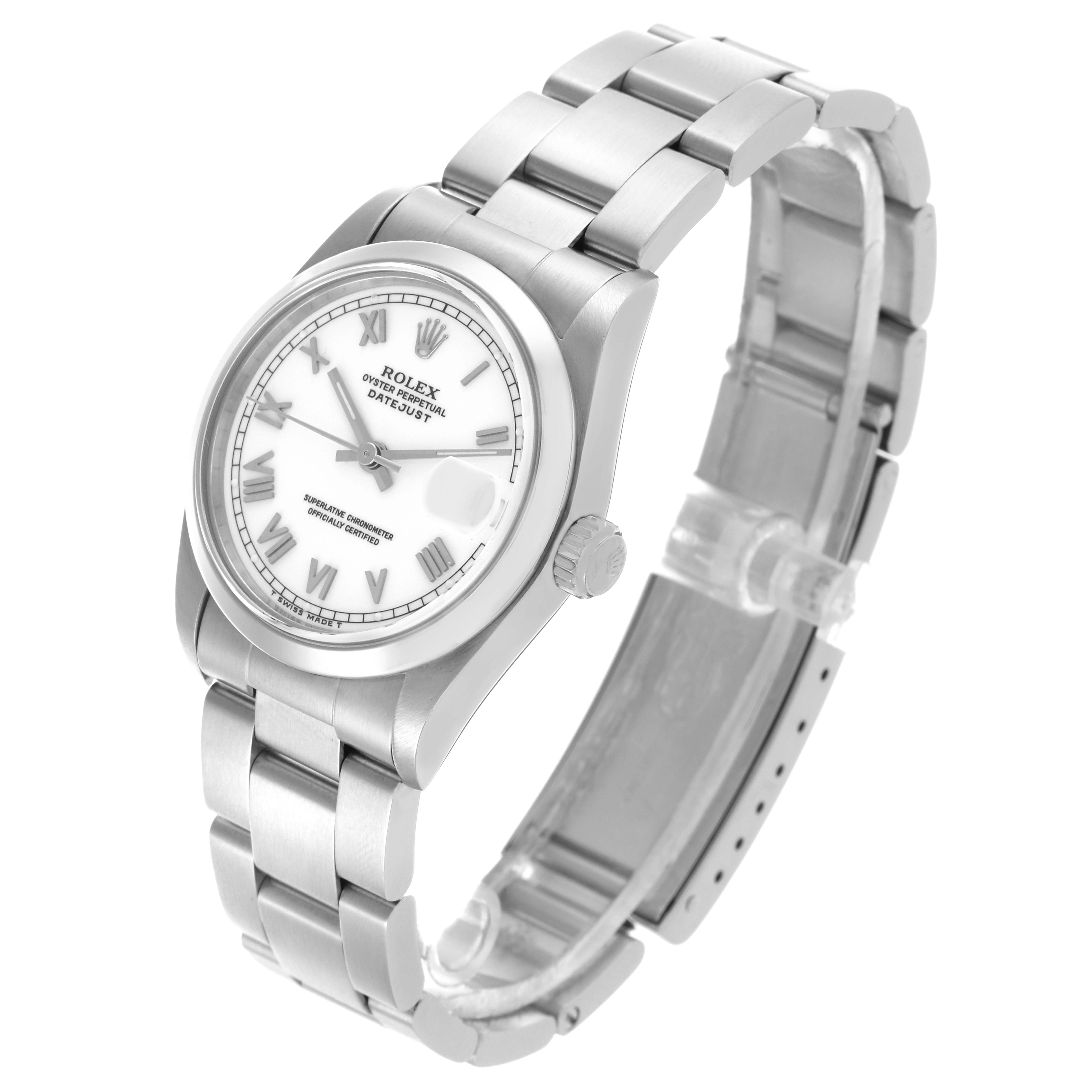 The Rolex Mid-Size 68240 Women
s Stainless Steel White Dial 68240 Women
s Stainless Steel White Dial watch is shown at a three-quarter angle, displaying the face, bracelet, and clasp.