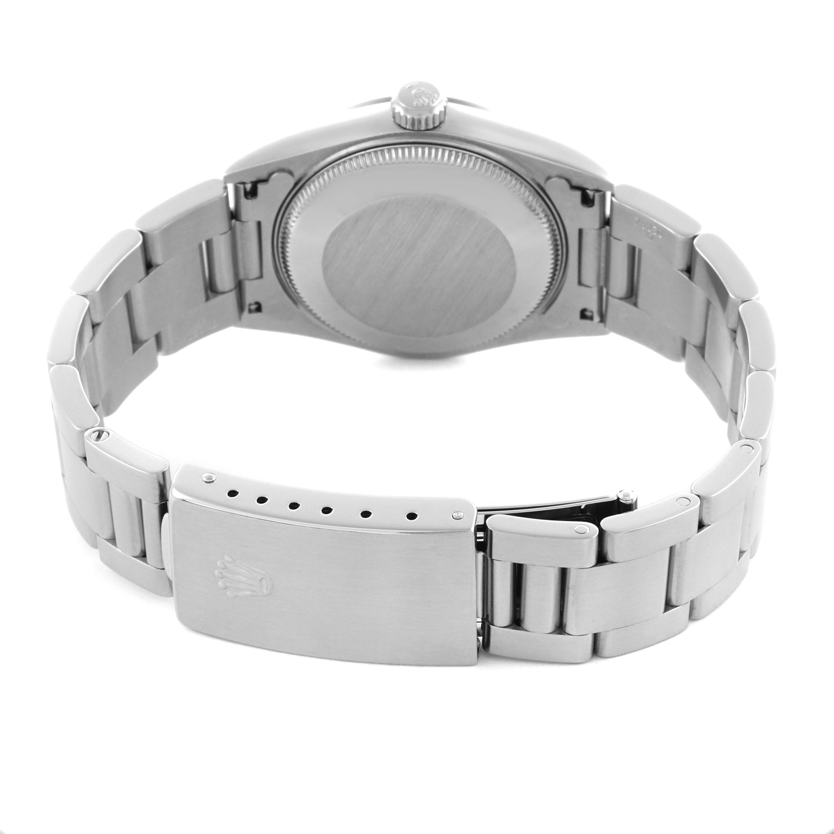 The Rolex Mid-Size 68240 Women
s Stainless Steel White Dial 68240 Women
s Stainless Steel White Dial model is shown from the back, highlighting the clasp, bracelet, case back, and crown.