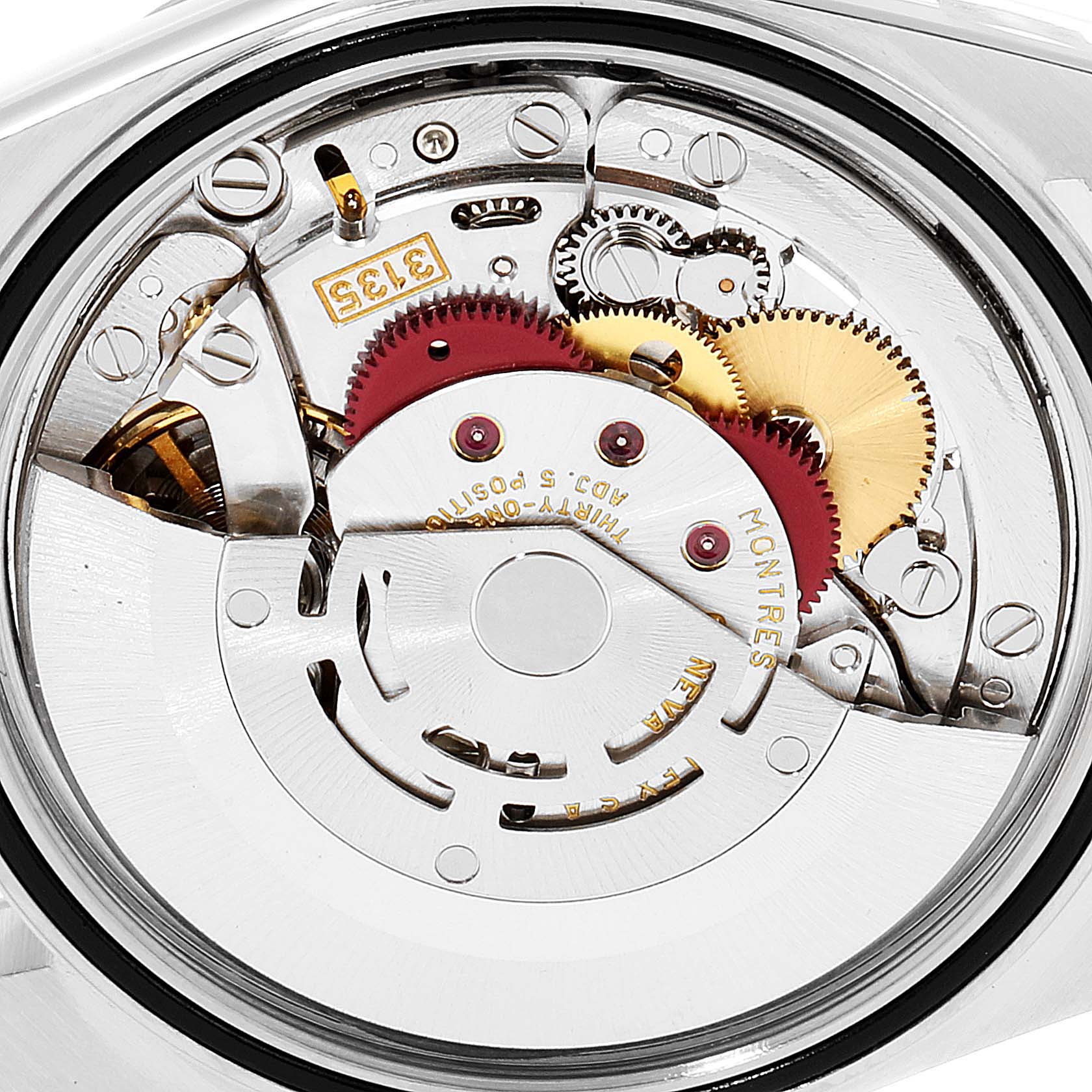 This image shows the internal mechanism of a Rolex Datejust 16220 Men's Stainless Steel Silver Dial 16220 Men's Stainless Steel Silver Dial watch viewed from the back.
