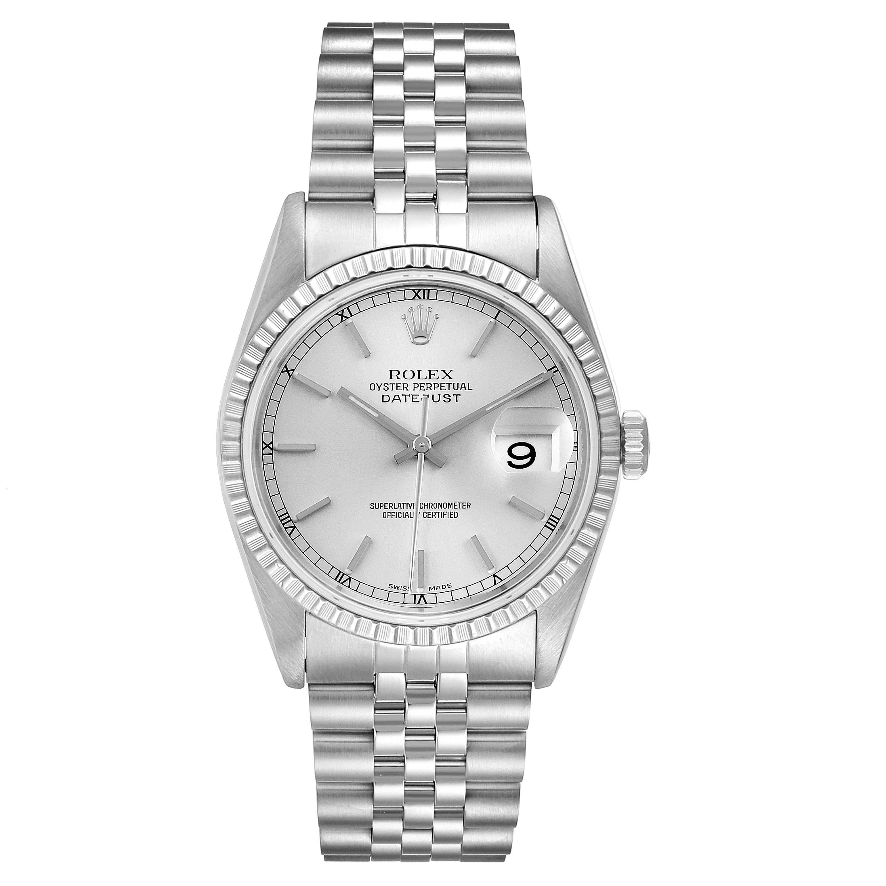 This image shows a frontal view of a Rolex Datejust 16220 Men's Stainless Steel Silver Dial 16220 Men's Stainless Steel Silver Dial watch including the dial, bracelet, and bezel.