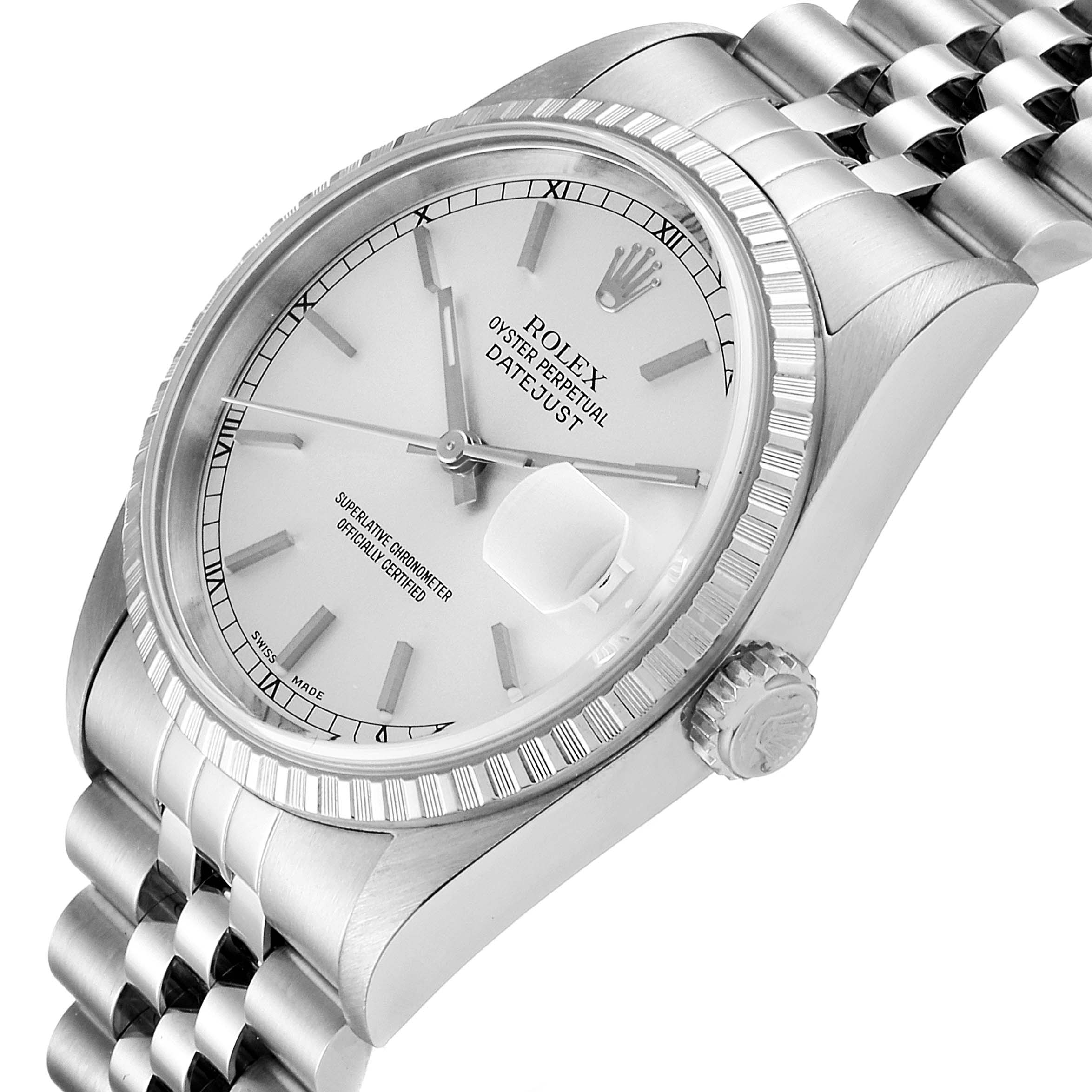 This image shows a Rolex Datejust 16220 Men's Stainless Steel Silver Dial 16220 Men's Stainless Steel Silver Dial watch at an angled side view focusing on the dial, bezel, and bracelet.