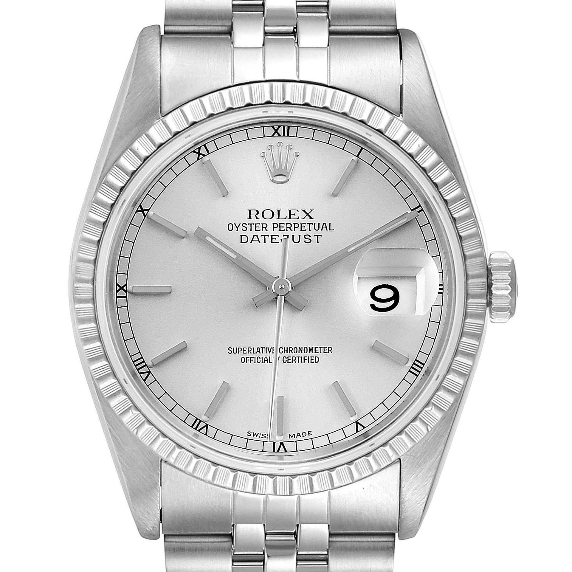 A Datejust model by Rolex, shown from the front, displaying the watch face, bezel, and partial bracelet.