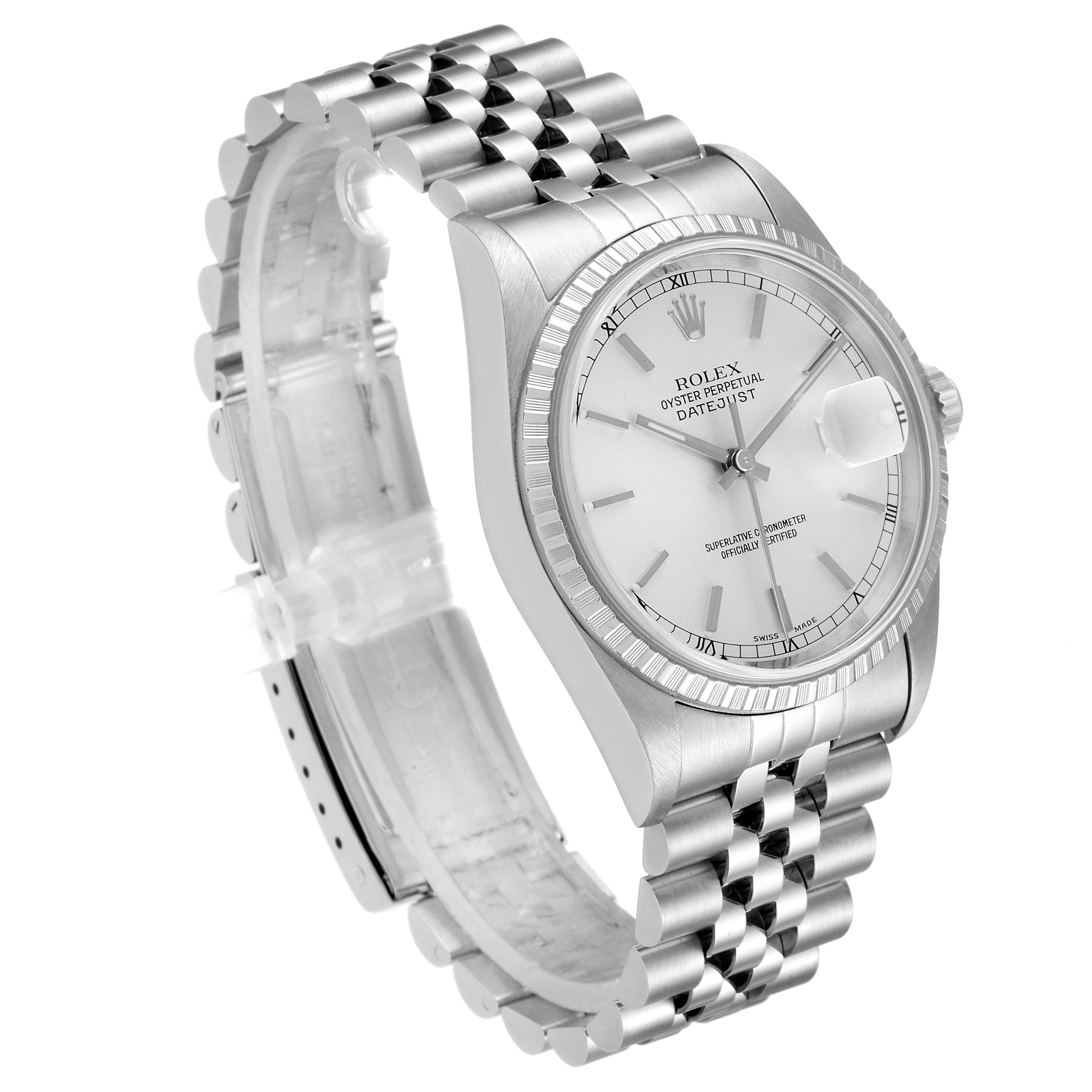This image shows a Rolex Datejust 16220 Men's Stainless Steel Silver Dial 16220 Men's Stainless Steel Silver Dial watch at a slight side angle, highlighting its face and link bracelet.