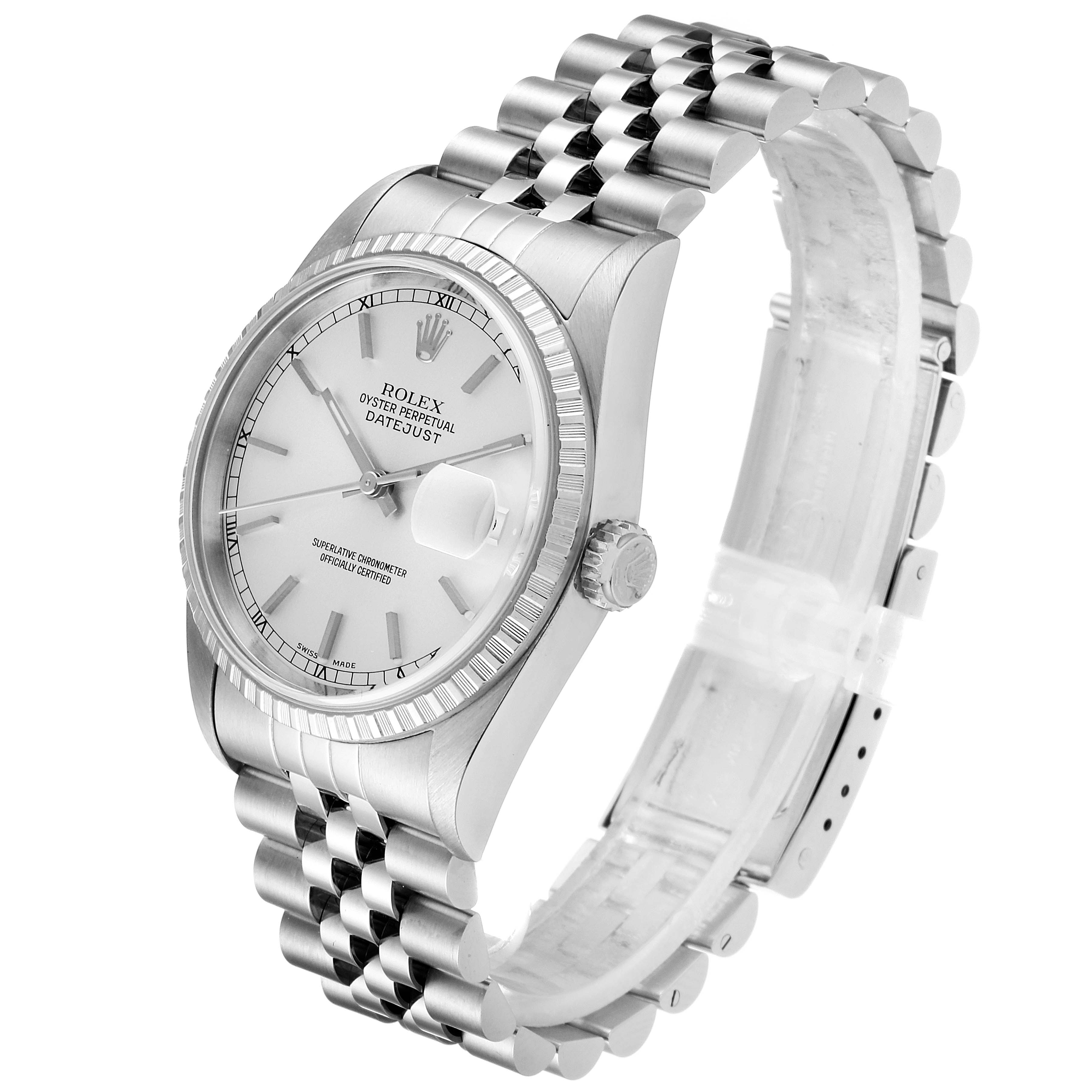 This Rolex Datejust 16220 Men's Stainless Steel Silver Dial 16220 Men's Stainless Steel Silver Dial watch is shown at a three-quarter angle, displaying the face, bezel, crown, and jubilee bracelet.