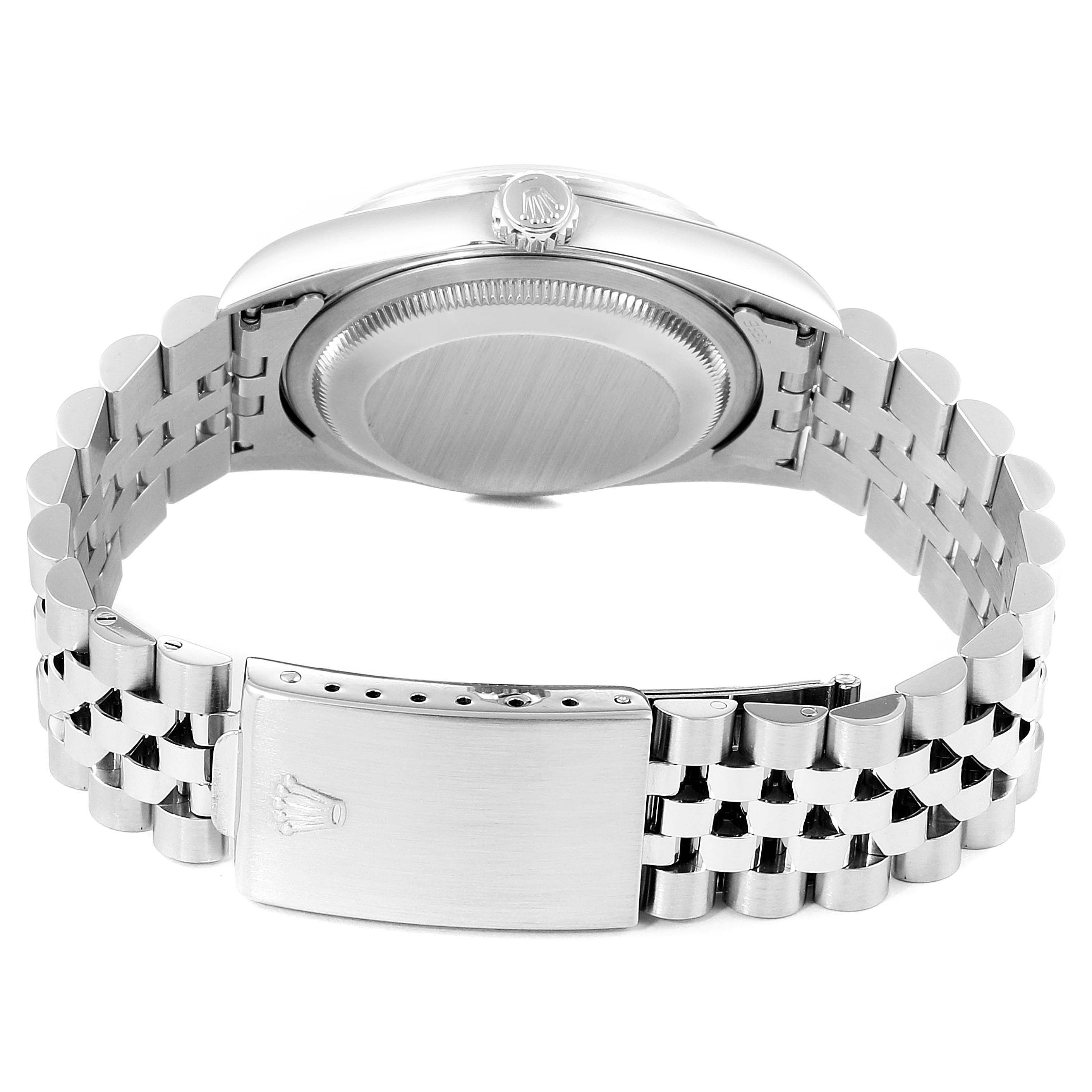 The image shows the back case and bracelet clasp of a Rolex Datejust 16220 Men's Stainless Steel Silver Dial 16220 Men's Stainless Steel Silver Dial watch, viewed from the rear.