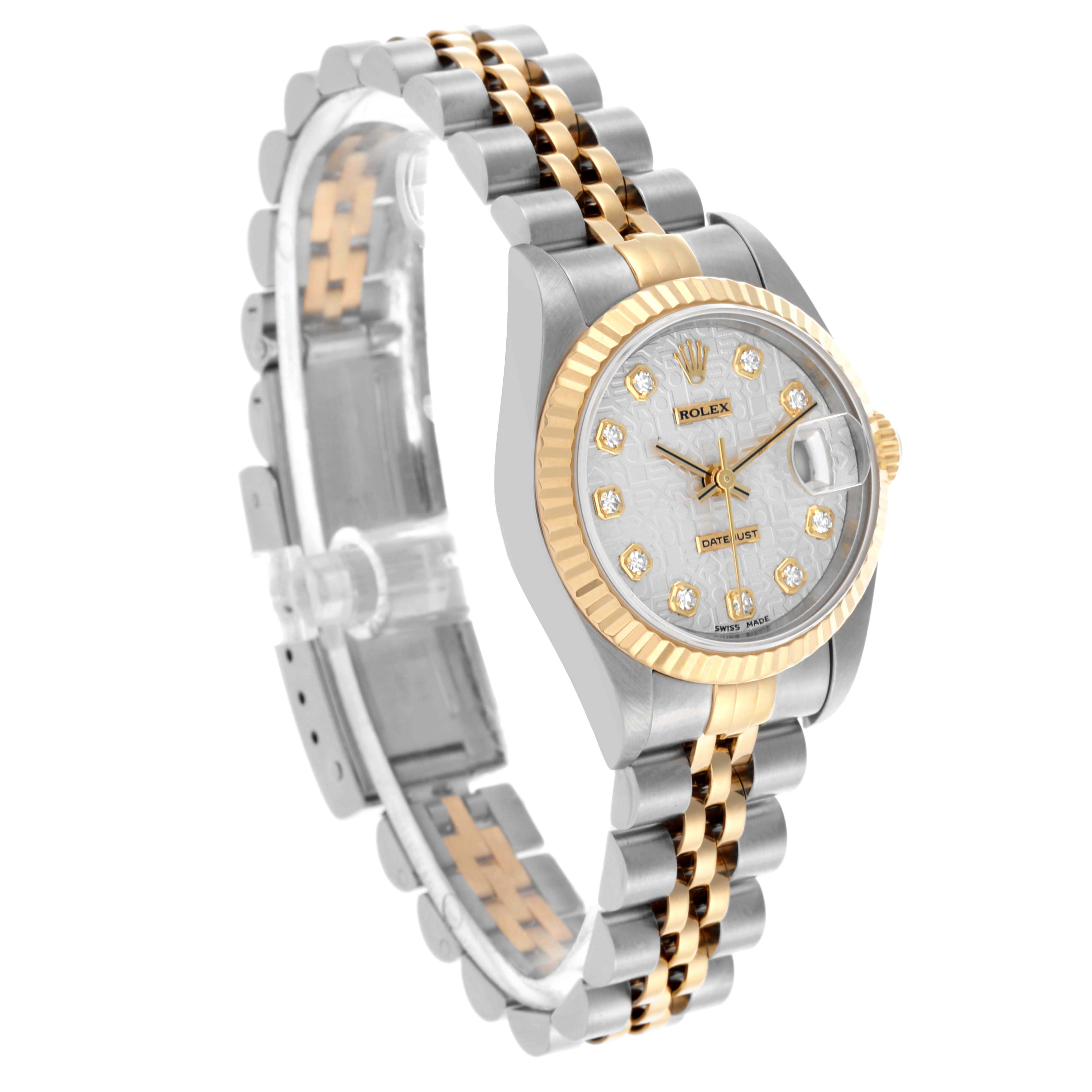 The Rolex Datejust 69173 Women's Steel and Gold (two tone) Silver Dial 69173 Women's Steel and Gold (two tone) Silver Dial watch is shown at an angled side view, displaying its face, bezel, and bracelet clearly.
