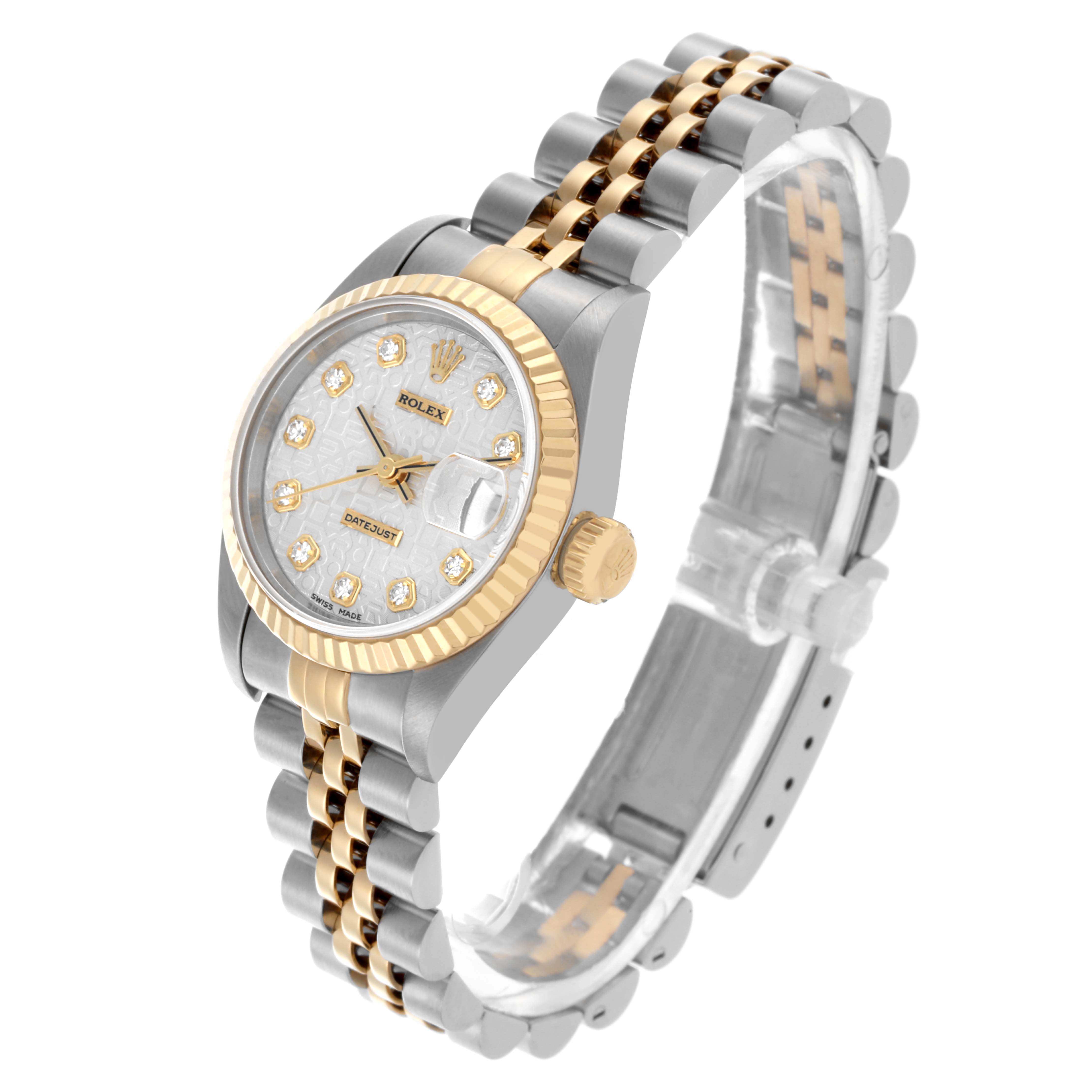 The Rolex Datejust 69173 Women's Steel and Gold (two tone) Silver Dial 69173 Women's Steel and Gold (two tone) Silver Dial watch is shown at a three-quarter angle, highlighting the face, fluted bezel, two-tone bracelet, and crown.