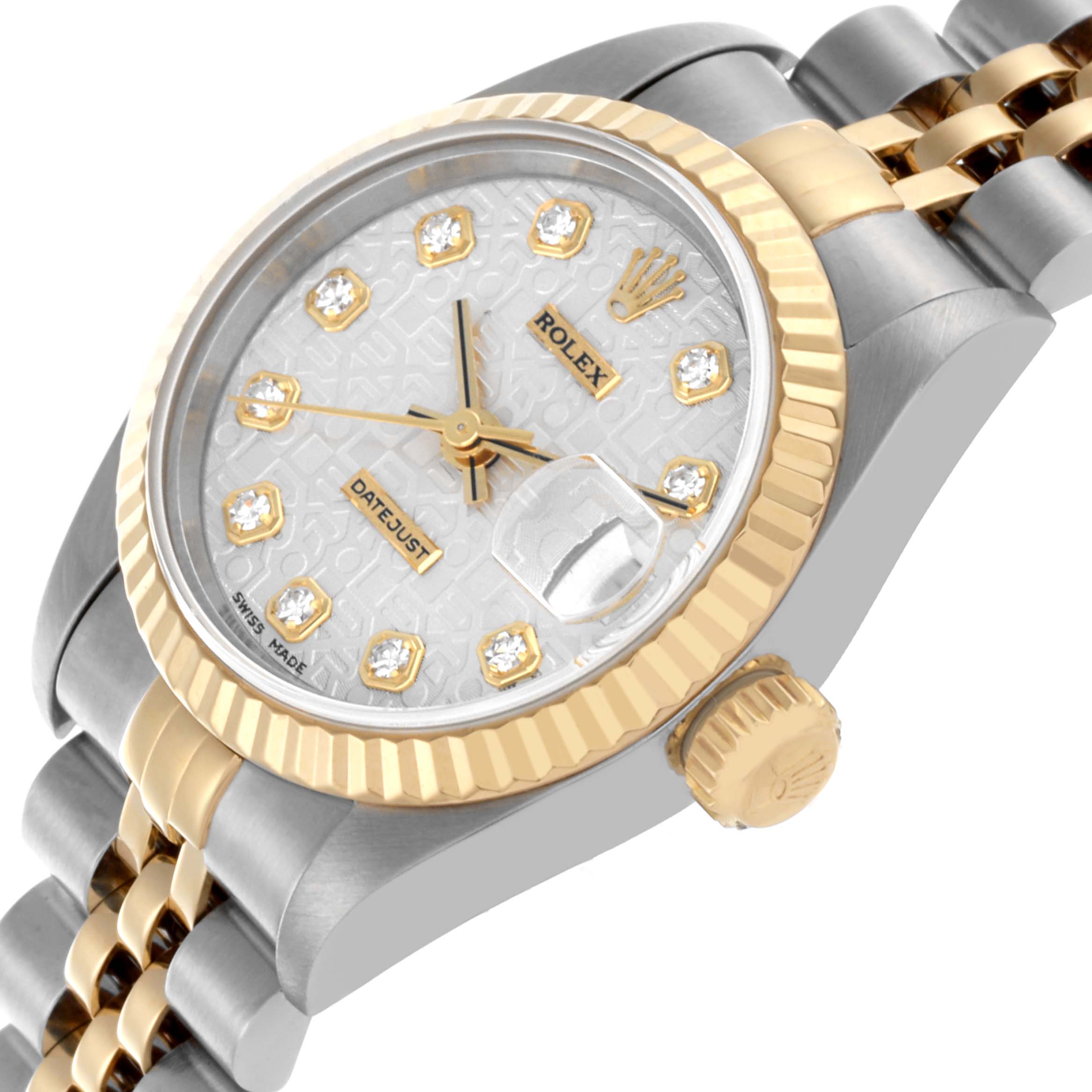 The Rolex Datejust 69173 Women's Steel and Gold (two tone) Silver Dial 69173 Women's Steel and Gold (two tone) Silver Dial watch is shown at a tilted angle, highlighting the dial, crown, and two-tone bracelet.