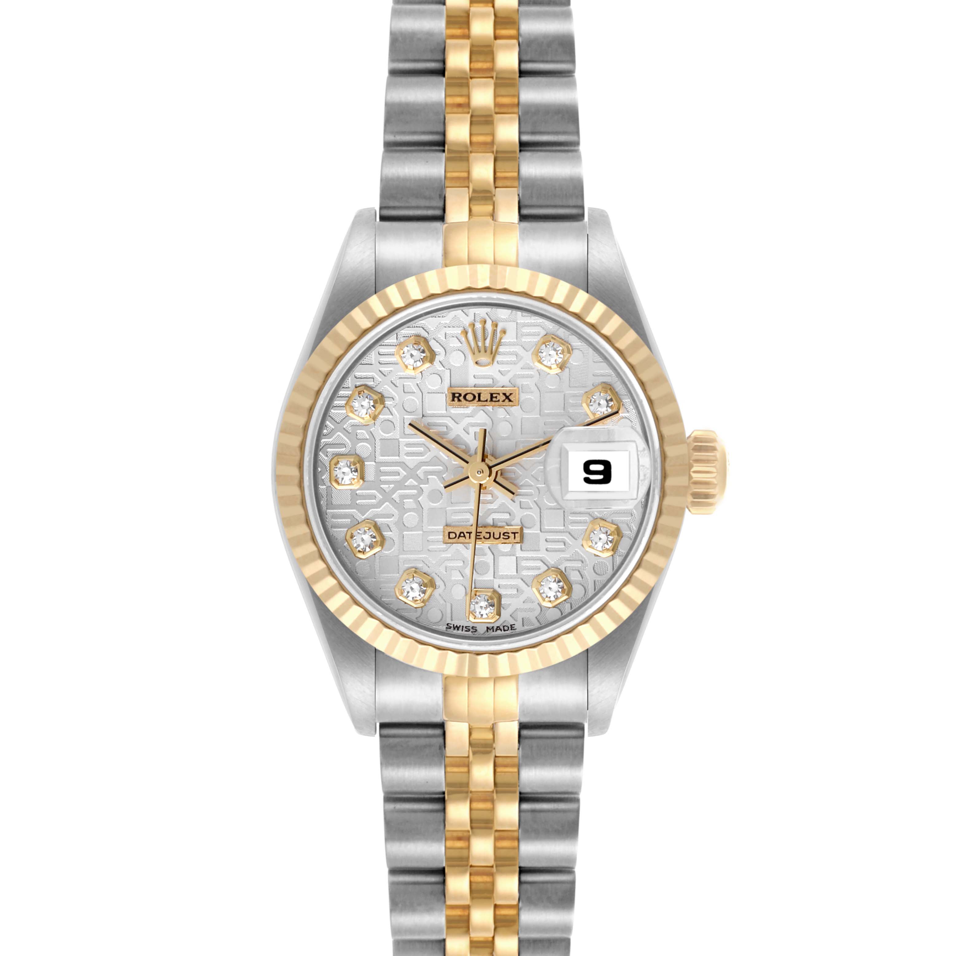 The Rolex Datejust 69173 Women's Steel and Gold (two tone) Silver Dial 69173 Women's Steel and Gold (two tone) Silver Dial watch is shown from a front angle, displaying the dial, bezel, bracelet, and date window.