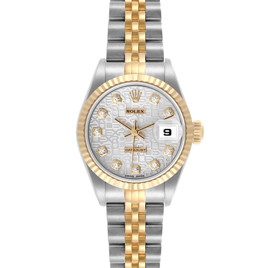 The Rolex Datejust watch is shown from a front angle, displaying the dial, bezel, bracelet, and date window.