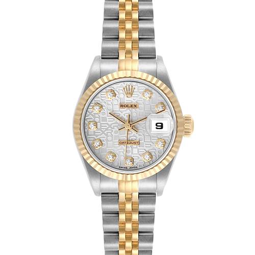 The Rolex Datejust watch is shown from a front angle, displaying the dial, bezel, and bracelet.