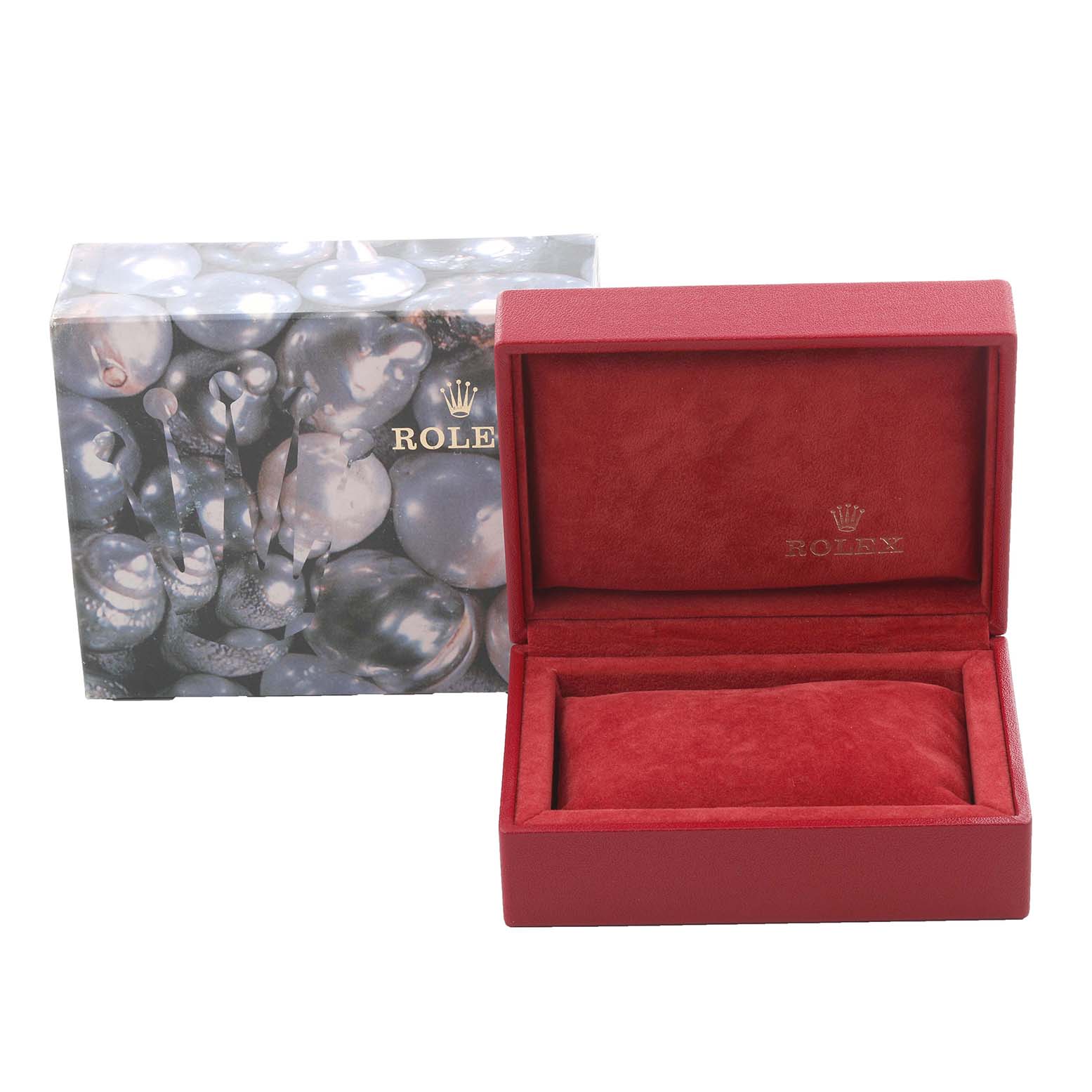 The image shows a Rolex Datejust 69173 Women's Steel and Gold (two tone) Silver Dial 69173 Women's Steel and Gold (two tone) Silver Dial watch box and outer packaging, featuring a red interior and decorative exterior box.