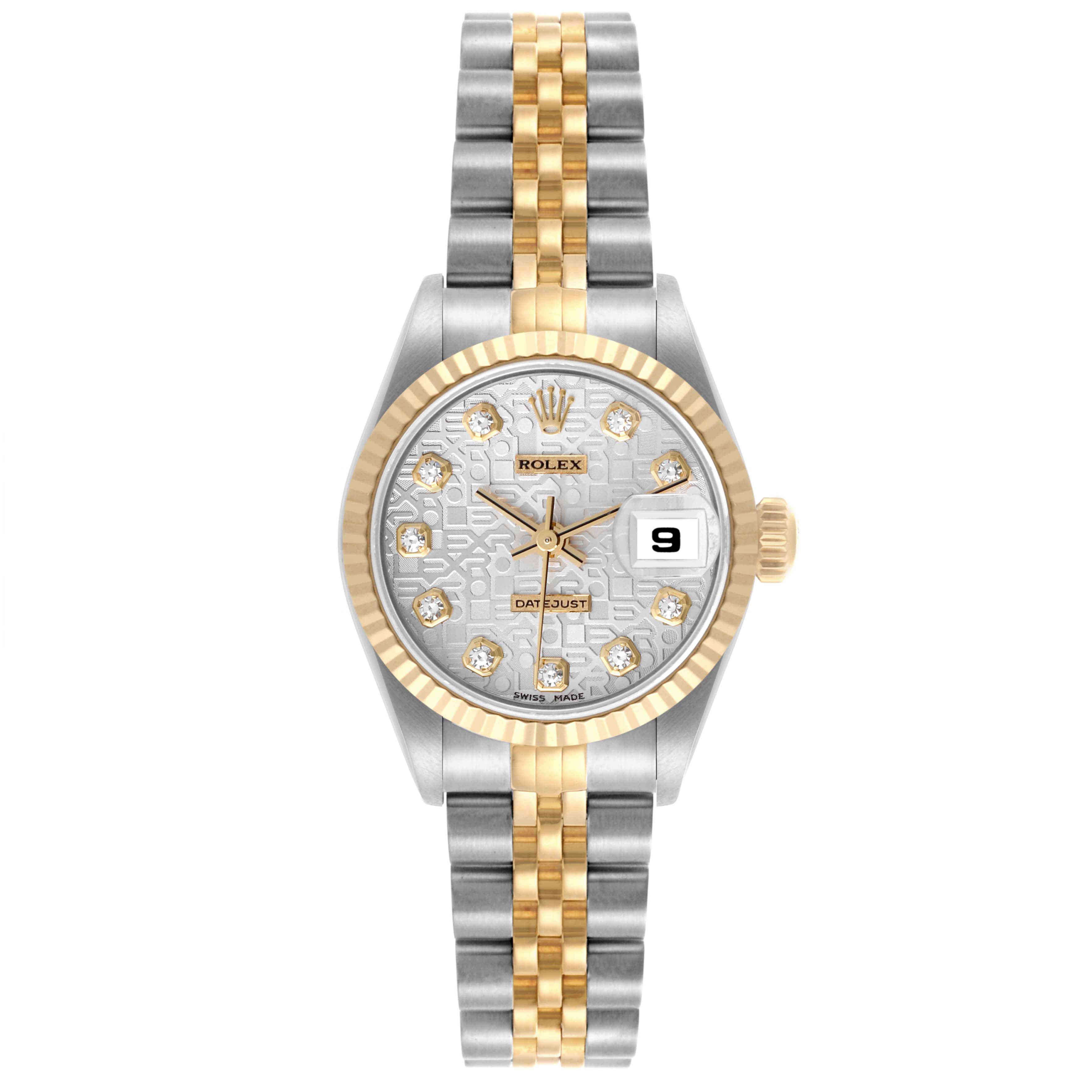 The Rolex Datejust 69173 Women's Steel and Gold (two tone) Silver Dial 69173 Women's Steel and Gold (two tone) Silver Dial watch is shown from the front, displaying its gold and silver Jubilee bracelet, fluted bezel, and date window.