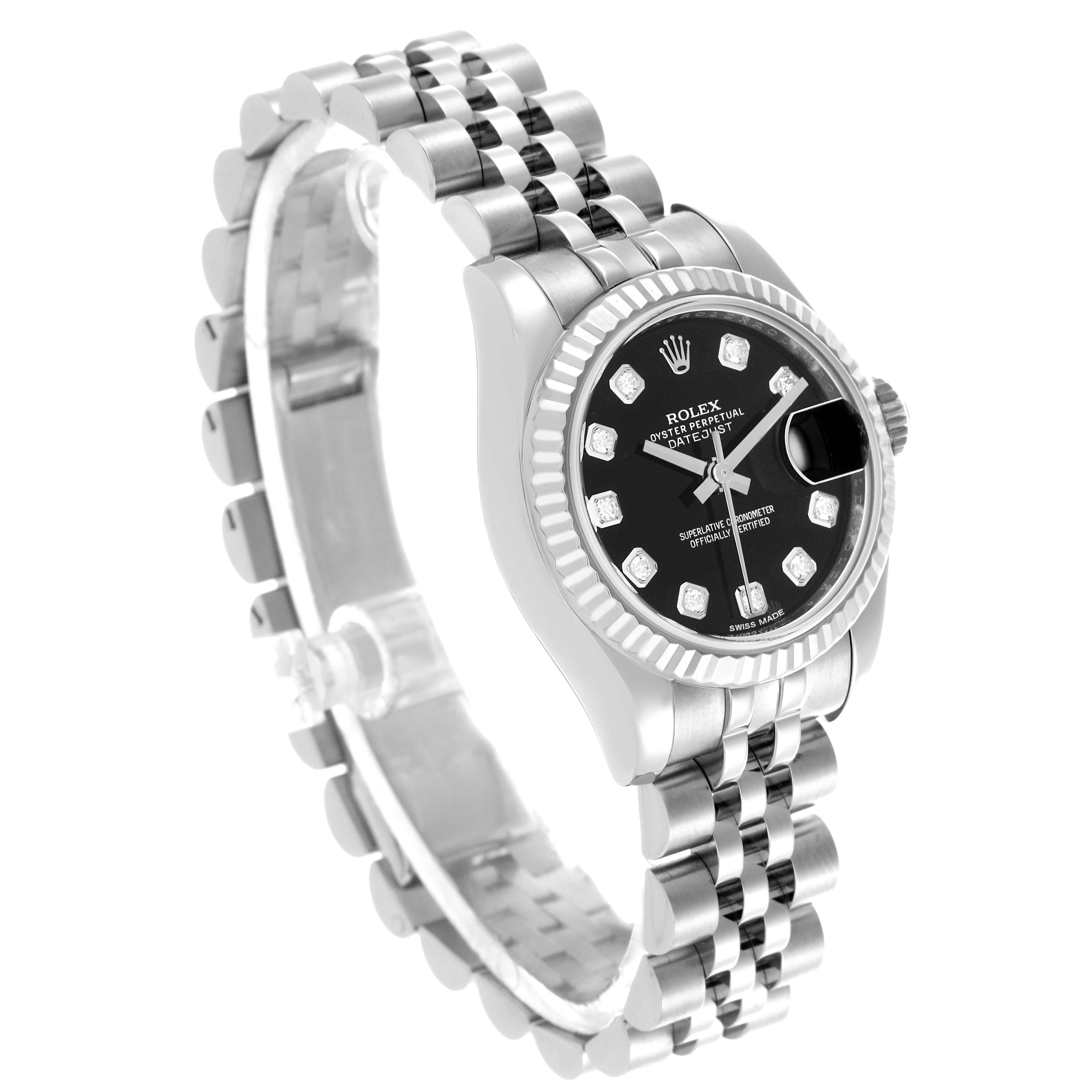 The Rolex Datejust 179174 Women's Stainless Steel Black Dial 179174 Women's Stainless Steel Black Dial watch is shown at a slight angle, displaying its face, bezel, and bracelet.