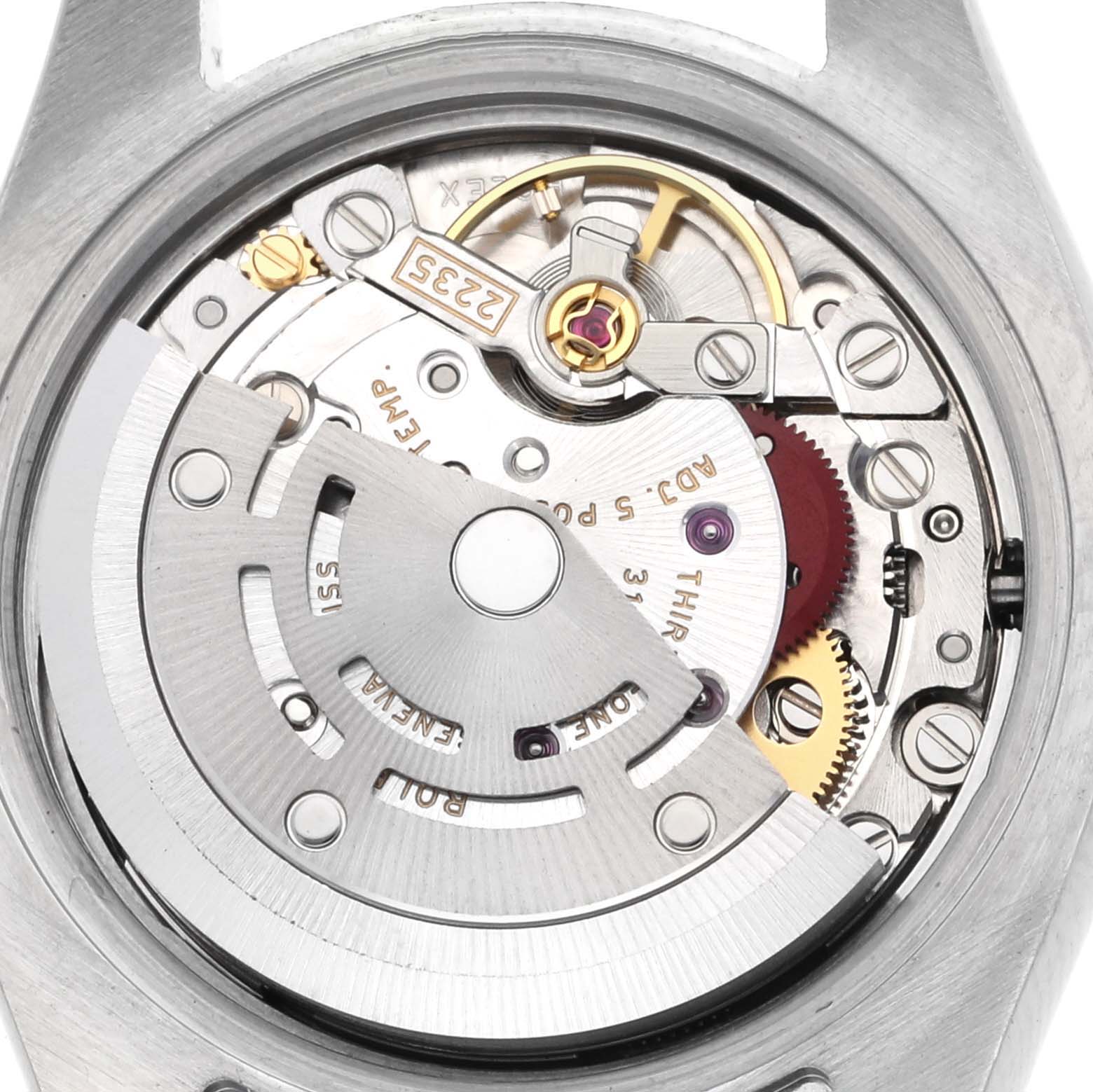 This image shows the movement of a Rolex Datejust 179174 Women's Stainless Steel Black Dial 179174 Women's Stainless Steel Black Dial watch, highlighting its mechanical components from a top-down angle.