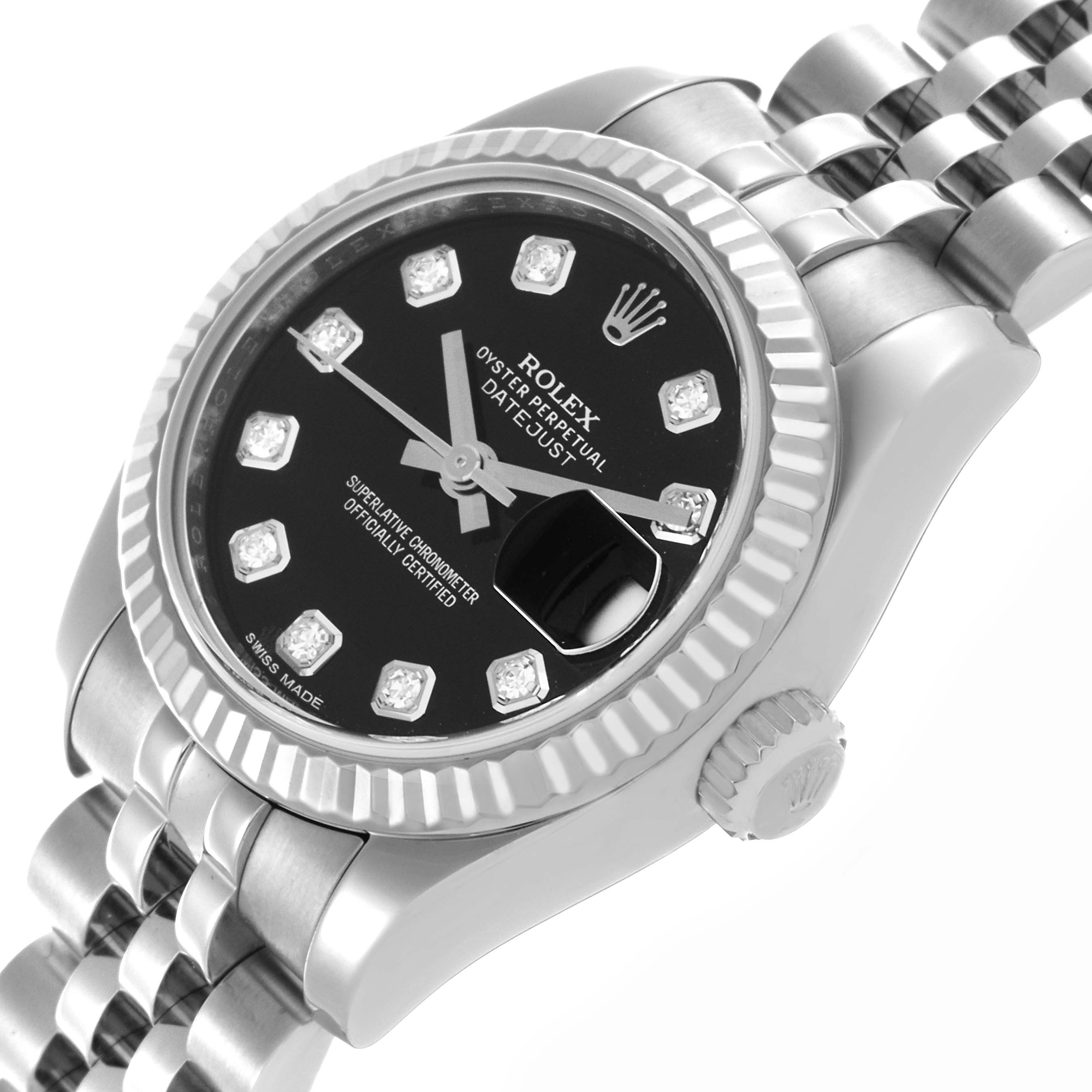 The image shows a Rolex Datejust 179174 Women's Stainless Steel Black Dial 179174 Women's Stainless Steel Black Dial watch from an angled view, highlighting the bezel, crown, dial, and bracelet.