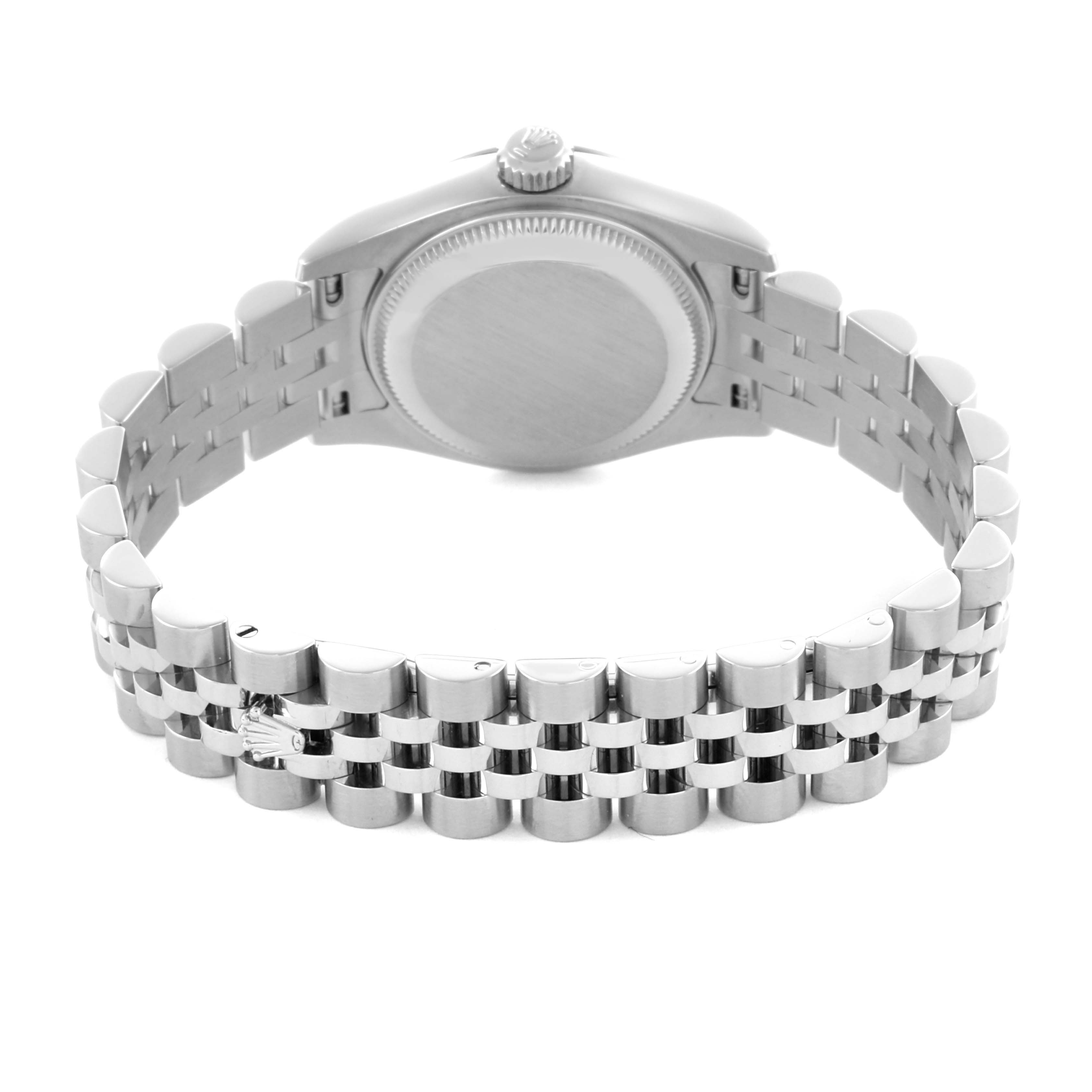 The Rolex Datejust 179174 Women's Stainless Steel Black Dial 179174 Women's Stainless Steel Black Dial watch is shown from the back, highlighting the case, crown, and Jubilee bracelet.