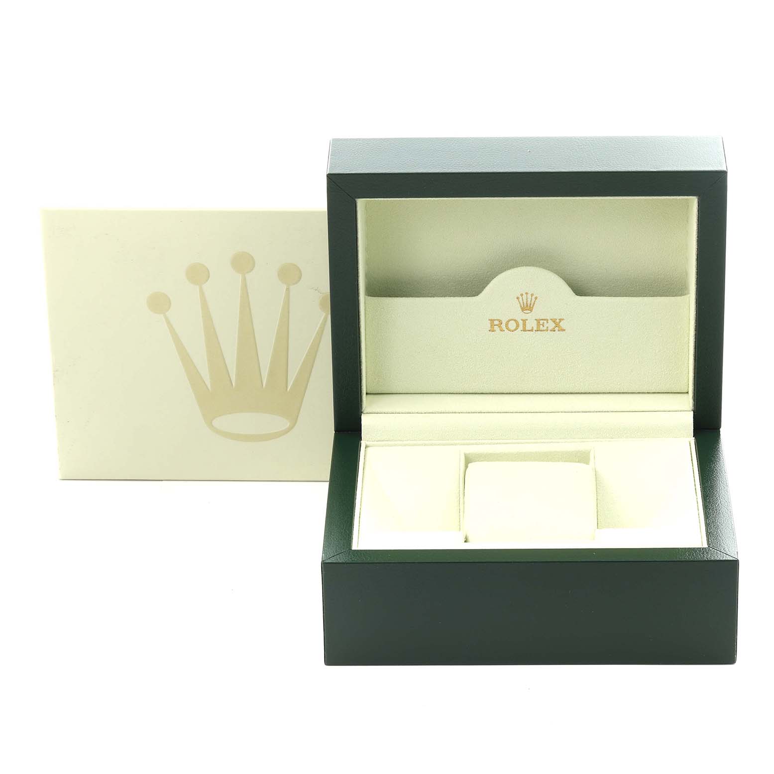 The image shows an open Rolex Datejust 179174 Women's Stainless Steel Black Dial 179174 Women's Stainless Steel Black Dial watch box with the Rolex crown logo, along with its outer box in the background.