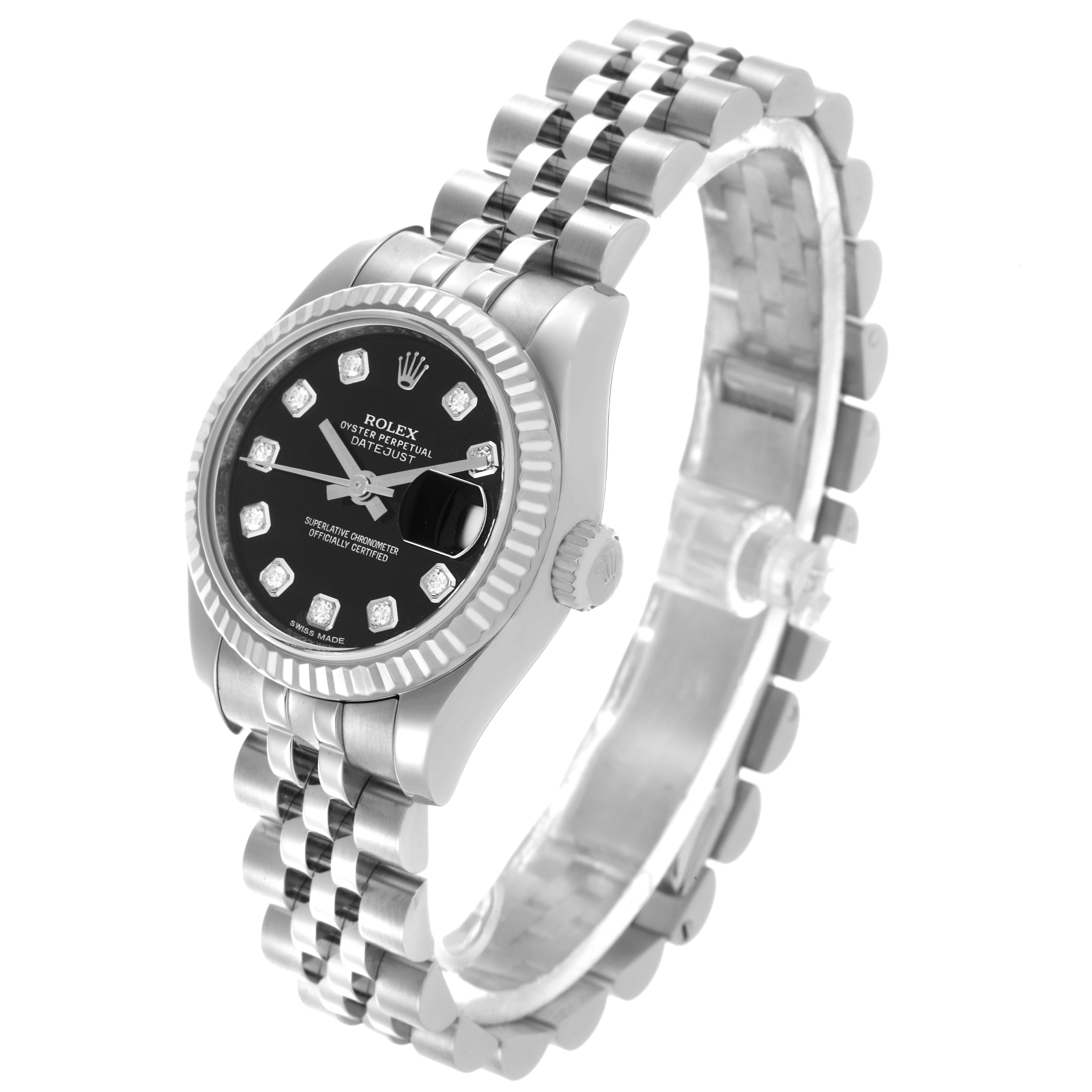 The Rolex Datejust 179174 Women's Stainless Steel Black Dial 179174 Women's Stainless Steel Black Dial watch is shown at a three-quarter angle, displaying the face, bezel, and bracelet.