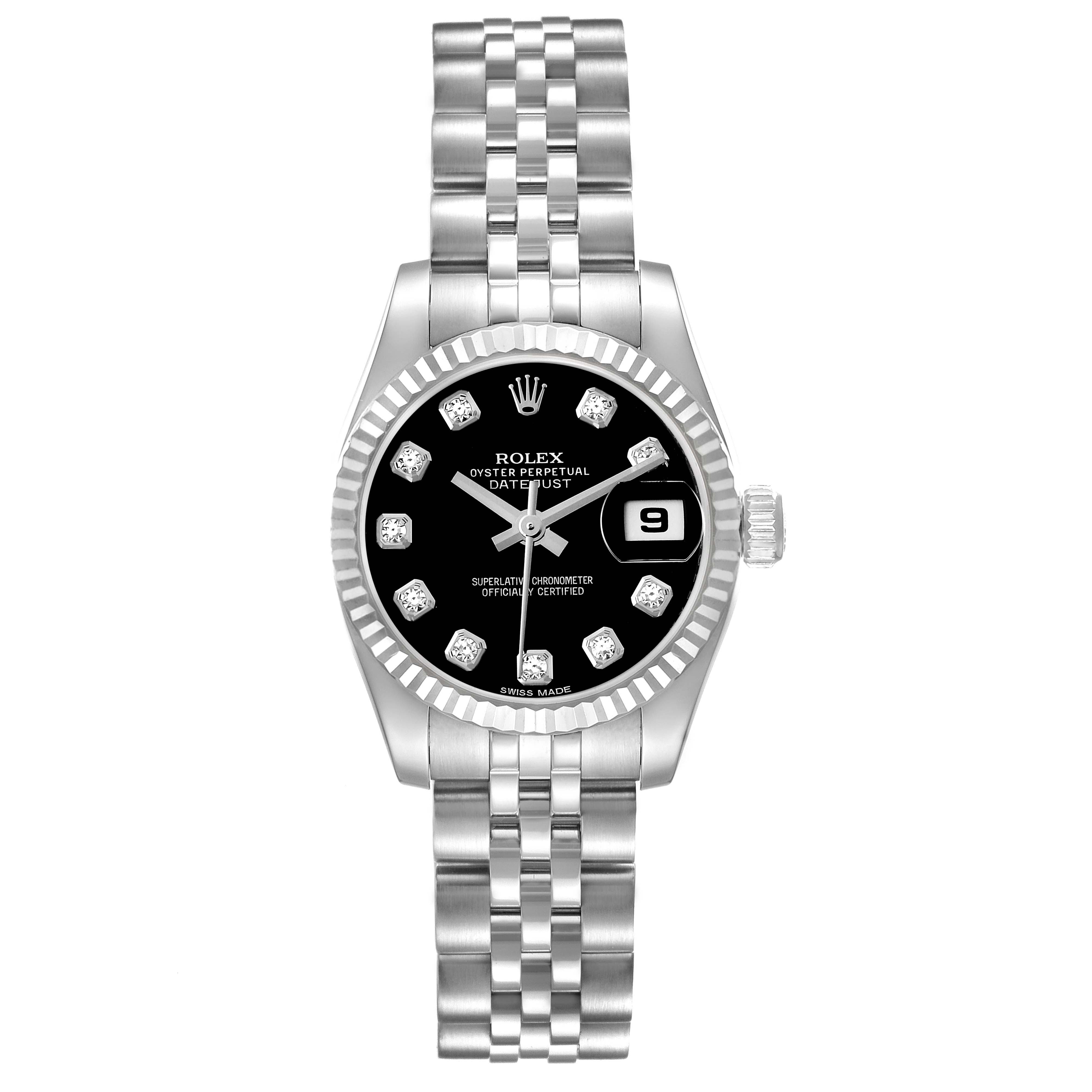The Rolex Datejust 179174 Women's Stainless Steel Black Dial 179174 Women's Stainless Steel Black Dial watch is shown from a top-down angle, displaying the face, bezel, bracelet, and crown.
