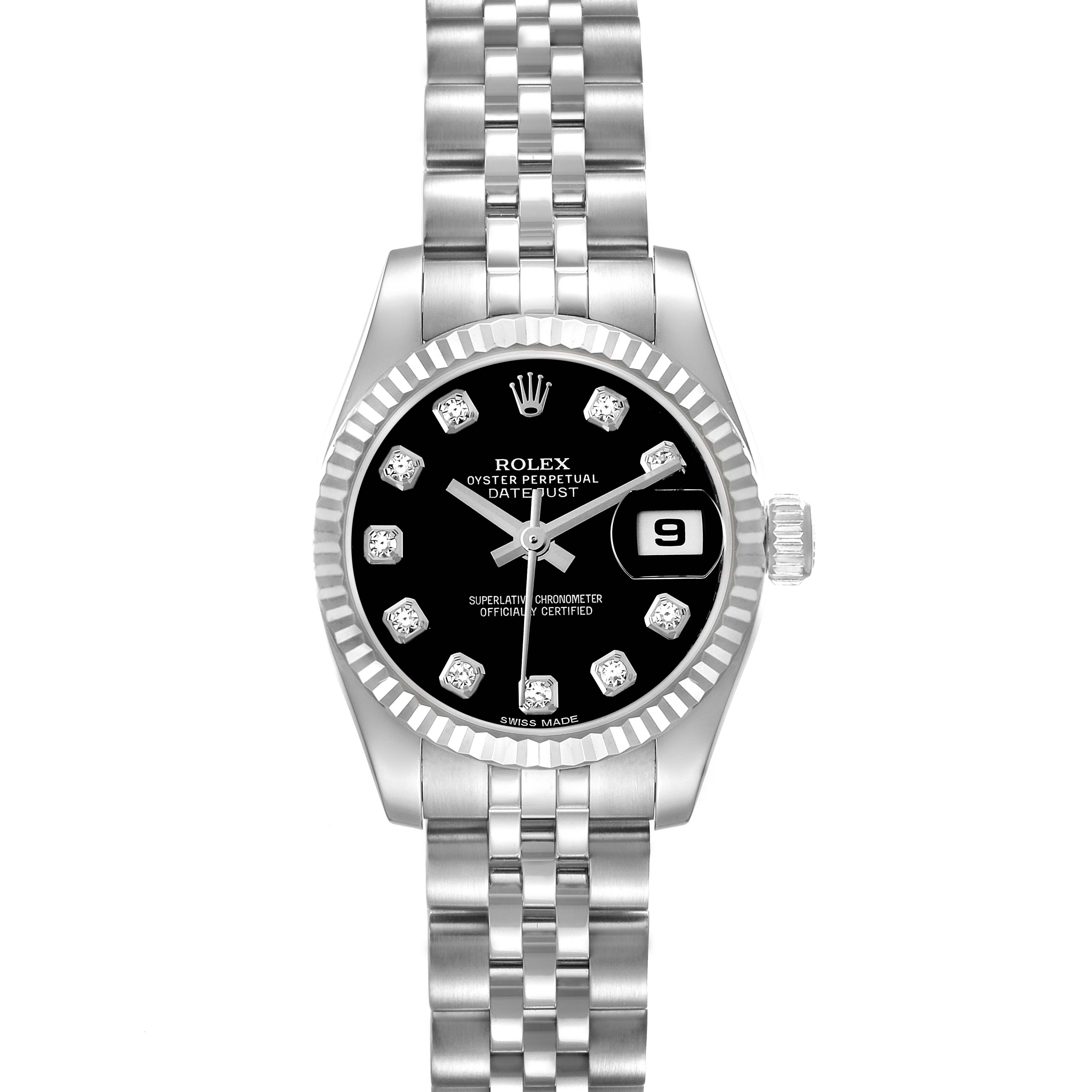 The Rolex Datejust 179174 Women's Stainless Steel Black Dial 179174 Women's Stainless Steel Black Dial watch is shown from a top-down view, highlighting the face, bezel, bracelet, and the date feature.