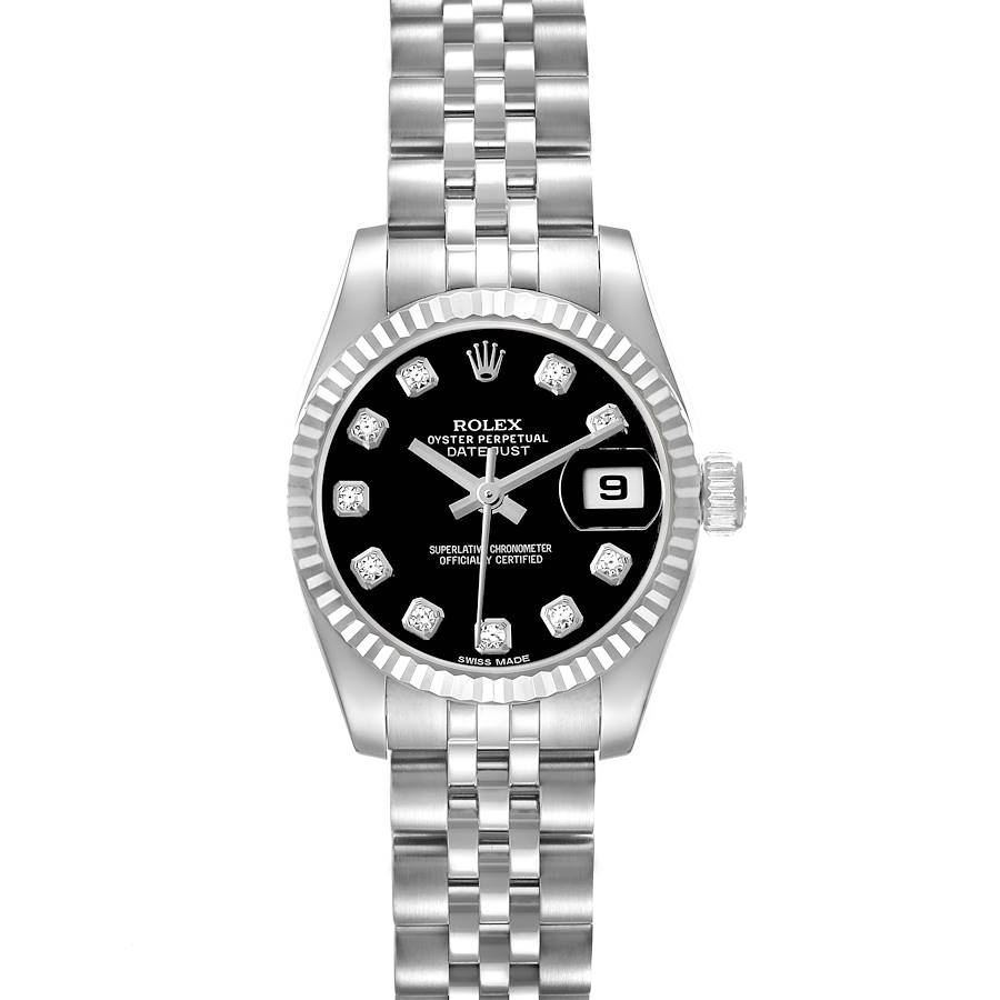 The Rolex Datejust watch is shown from a top-down view, highlighting the face, bezel, bracelet, and the date feature.