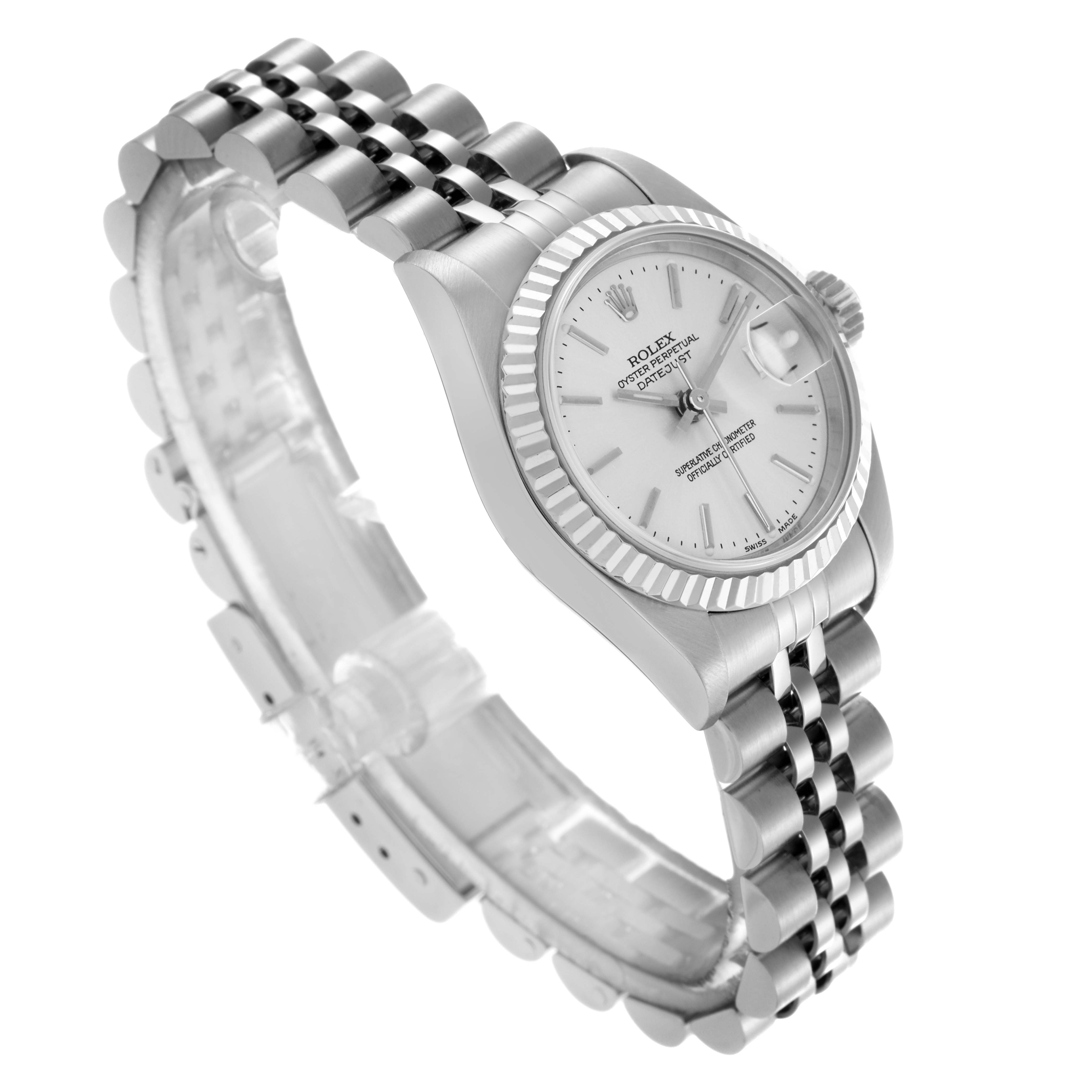 The Rolex Datejust 79174 Women's Stainless Steel Silver Dial watch is shown at an oblique angle highlighting its face, fluted bezel, dial, and Jubilee bracelet.