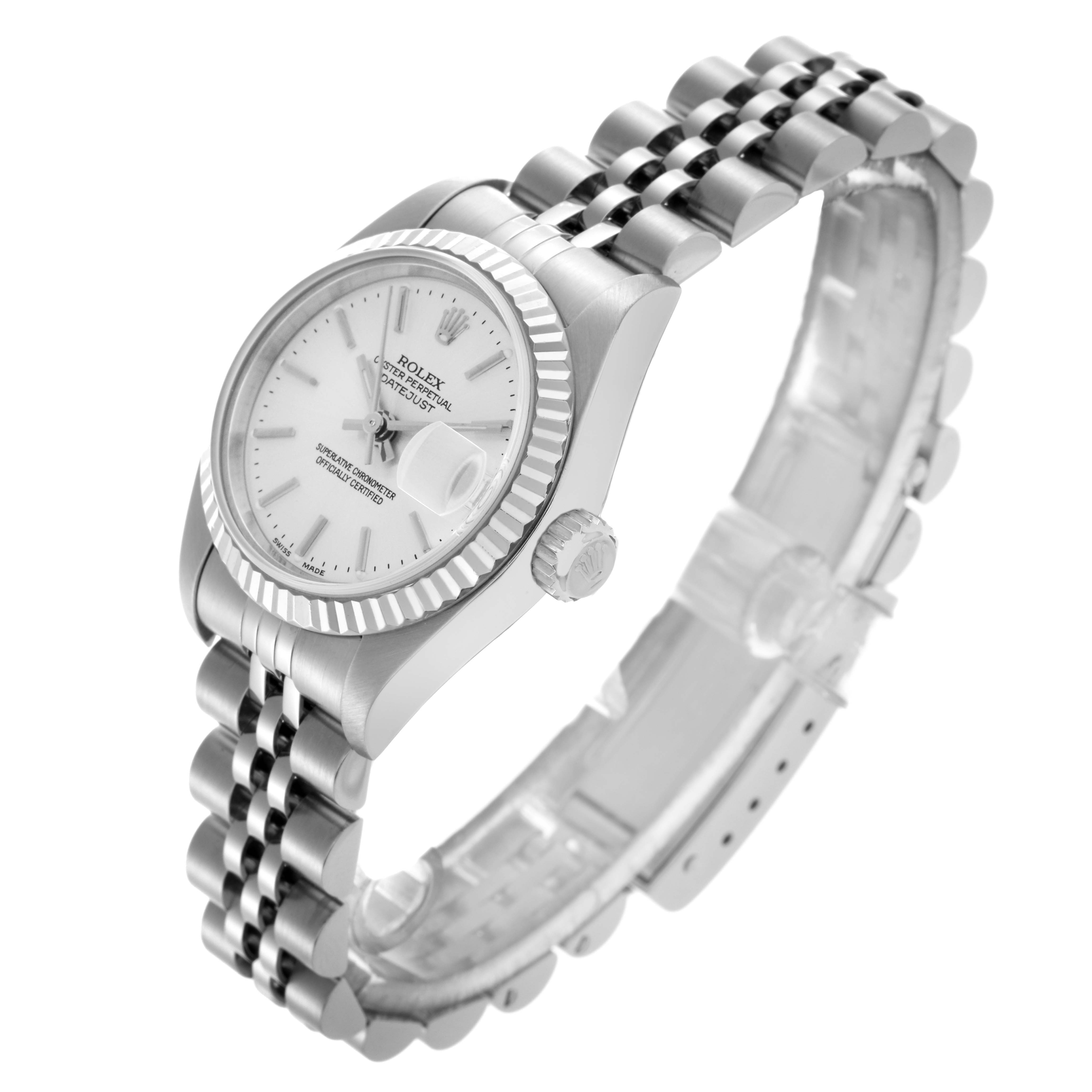 The Rolex Datejust 79174 Women's Stainless Steel Silver Dial watch is shown at a slight angle, highlighting the dial, bezel, crown, and bracelet.